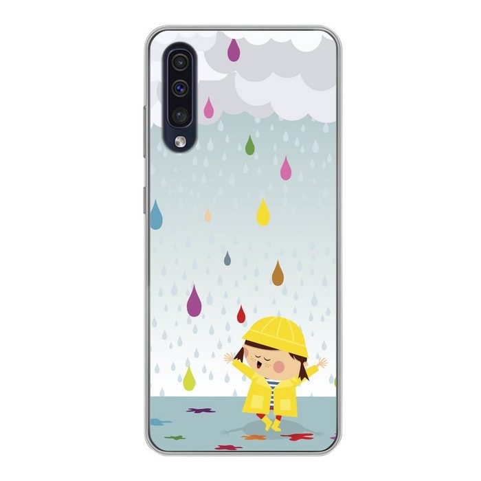 MuchoWow Handyhülle Illustration eines Kindes umgeben von bunten Wassertropfen Handyhülle Samsung Galaxy A30s Smartphone-Bumper Print Handy