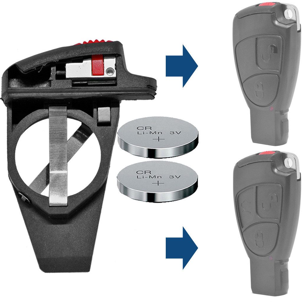 mt-key Auto Schlüssel Batteriehalter Clip Reparatur Set + 2X passende CR2025 Knopfzelle, CR2025 (3 V), für Mercedes Benz Funk Fernbedienung