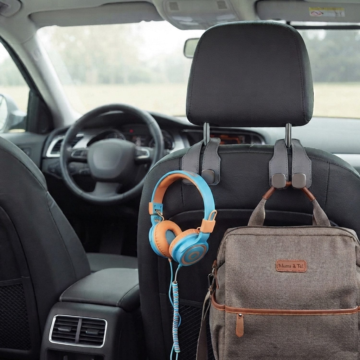 KARMA Doppelhaken Kopfstützenhaken Auto Grau aus Kunstwildleder, 17,5 cm, Auto Kopfstützen, (1-St., Befestigung ohne Werkzeug), Taschenhalter für Handtasche Rucksack und Einkaufstüte