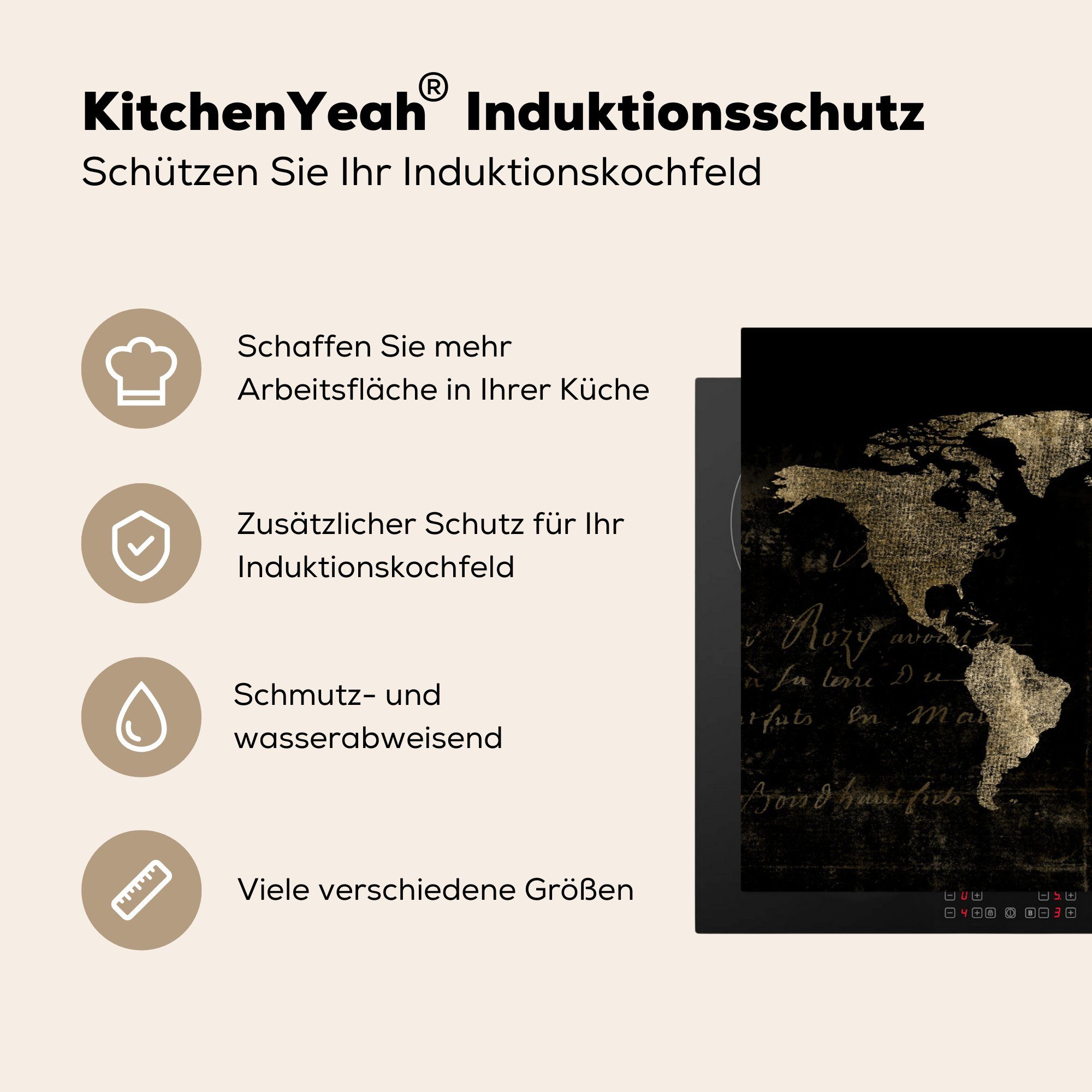 Vintage, 81x52 Schutz für Weltkarte - küche, tlg), MuchoWow Induktionskochfeld cm, Vinyl, - (1 Ceranfeldabdeckung die Herdblende-/Abdeckplatte Gold