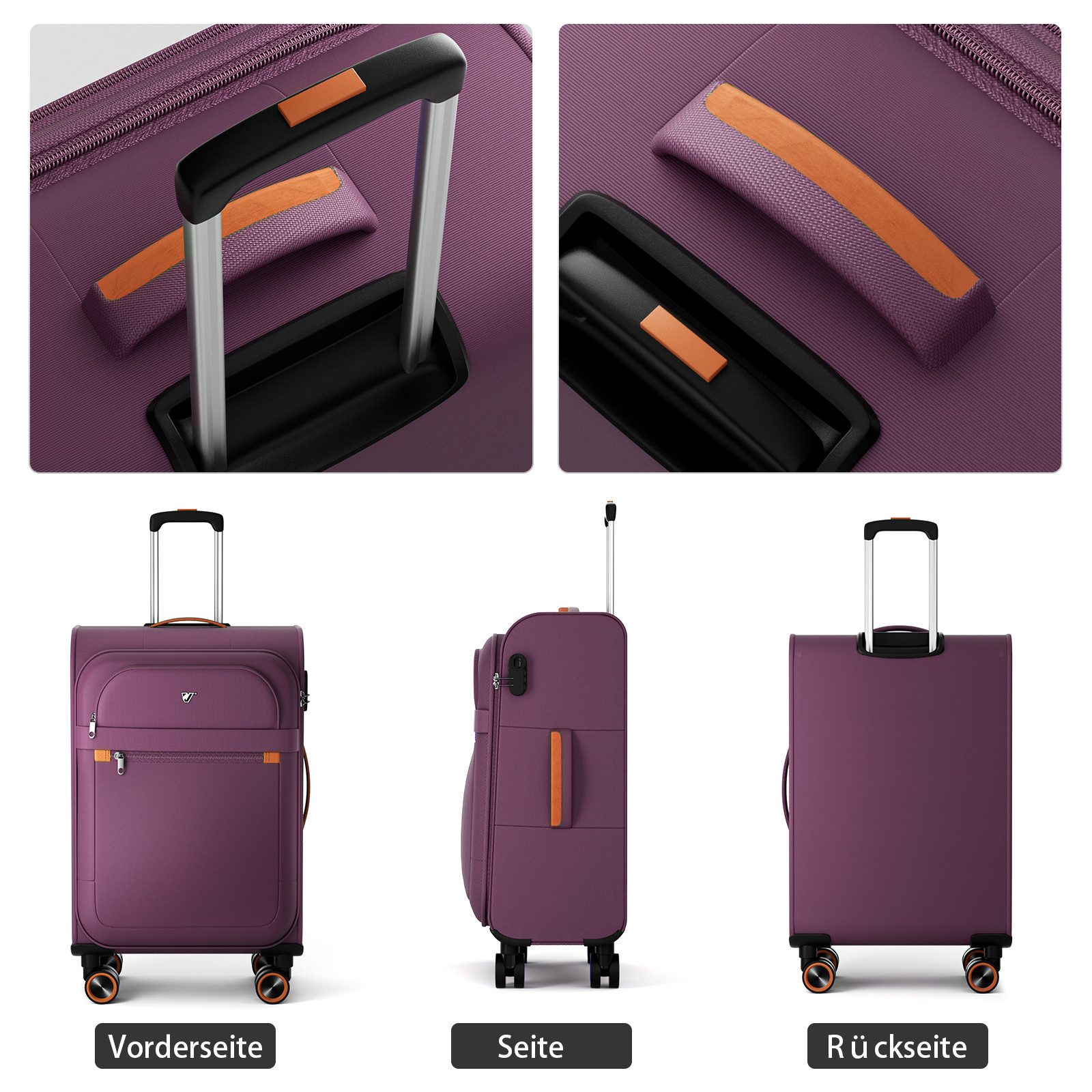 Verage Koffer Weichschalenkoffer, Leicht Reisekoffer mit Zahlenschloss, 4 Rollen, Stoffkoffer, Handgepäck/Set 3-teilig, 56/66/76cm,47/77/109L