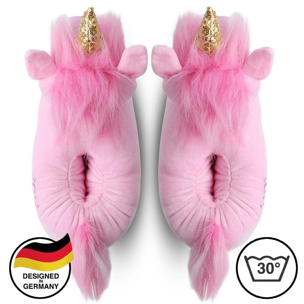 Corimori Tier Pantoffeln für Kinder Einheitsgröße 25-33,5 Plüsch Hausschuhe (Packung, Geschenk) EU Einheitsgröße 25-33,5 Rose das Einhorn für Kinder, Jungen, Mädchen