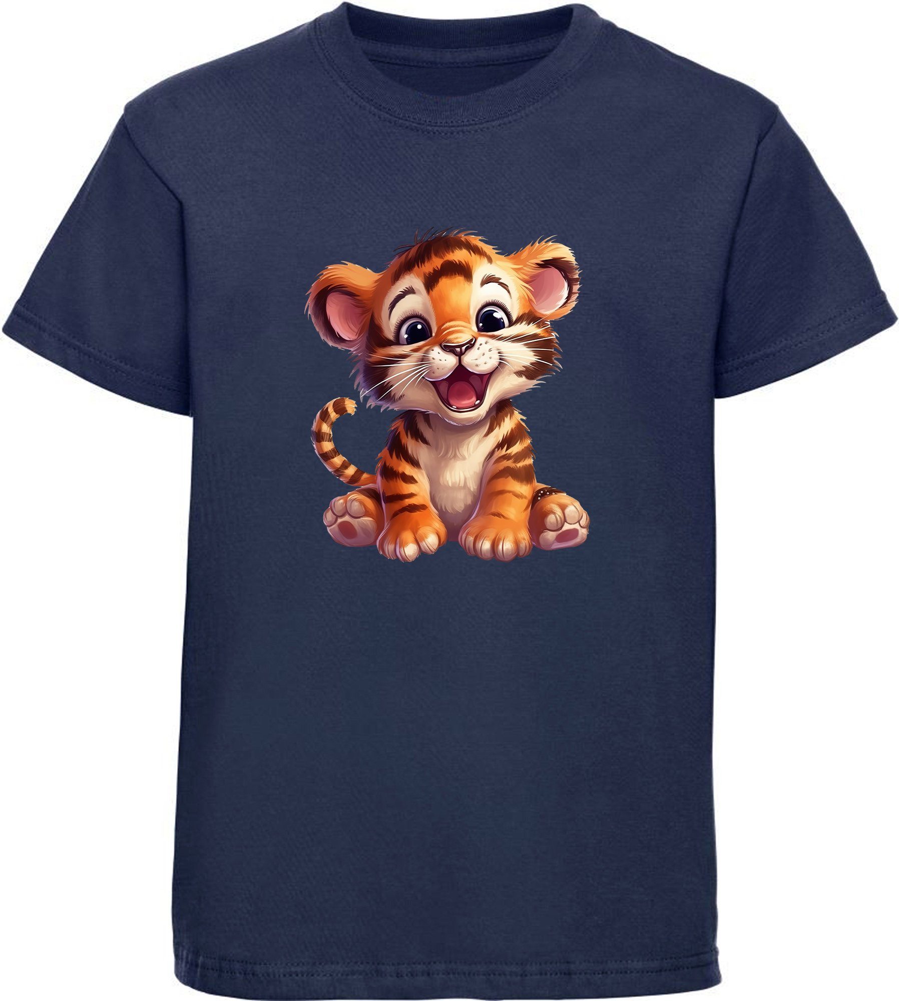 T-Shirt bedruckt Tiger blau Wildtier Kinder Baby Shirt Baumwollshirt MyDesign24 Print i266 mit navy Aufdruck, -