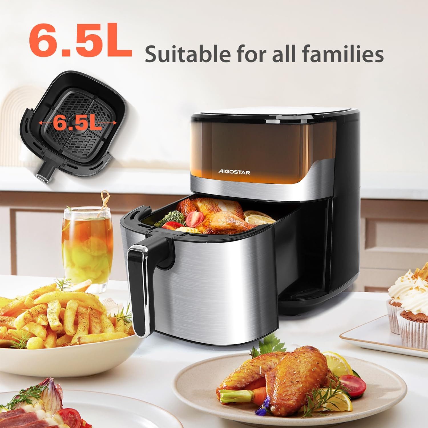 Aigostar Heißluftfritteuse, 1600.00 W, 6,5L XXL, Sichtfenster & 12 Programme mit 360° Heißluft
