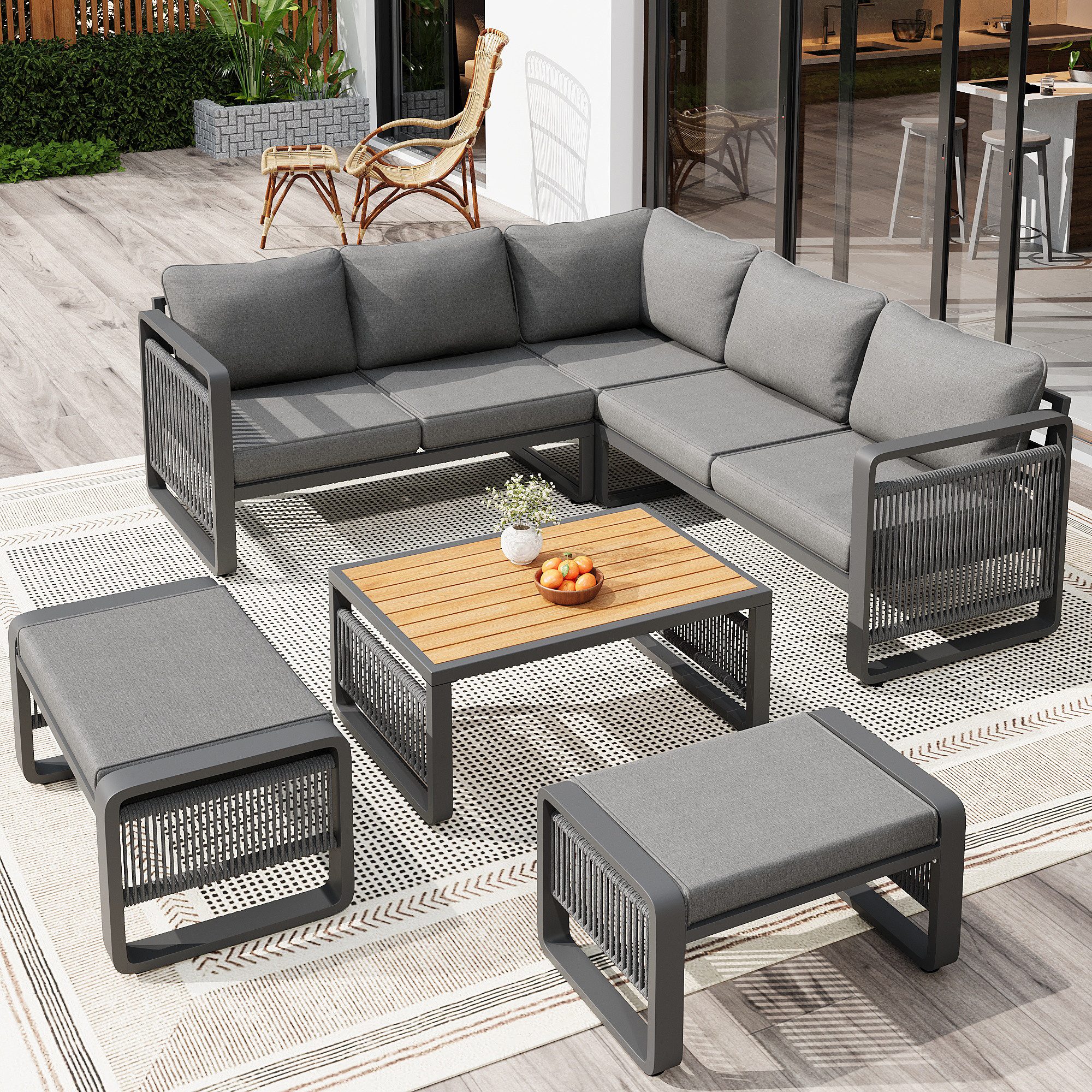Merax Gartenlounge-Set handgewebtem Seilgeflecht Gartenmöbel mit verstellbaren Füßen, (6-tlg., wetterfeste Terrassenmöbel mit dicken Polstern und Eisenrahmen), 7-Sitzer Sitzgruppe mit Couchtisch, 2-Sitzer Sofa, Ecksofa & Hockern