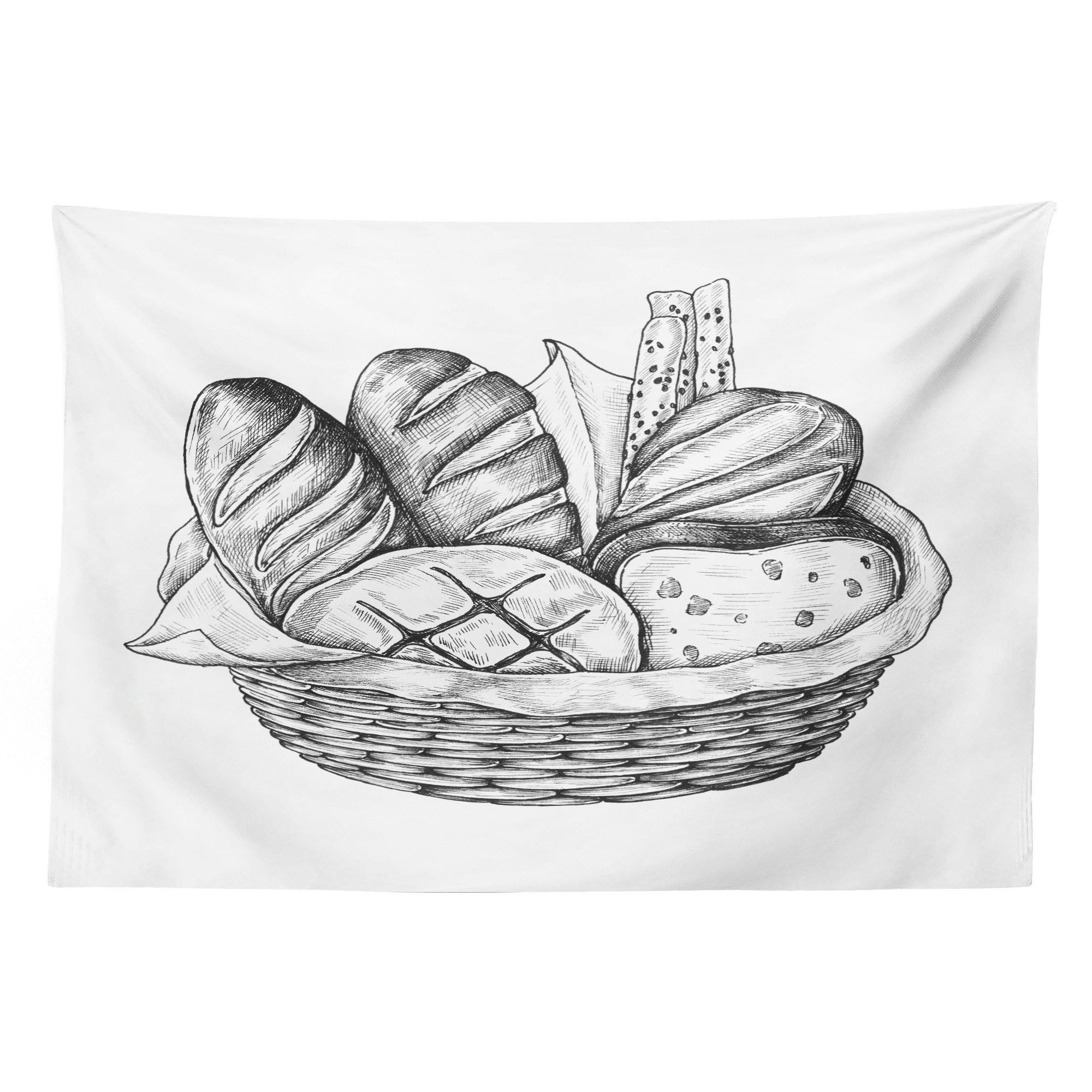 Abakuhaus Wandteppich Wohnzimmer Schlafzimmer Wandtuch Seidiges Satin Wandteppich, rechteckig, Kohlengrau Brotarten im Korb