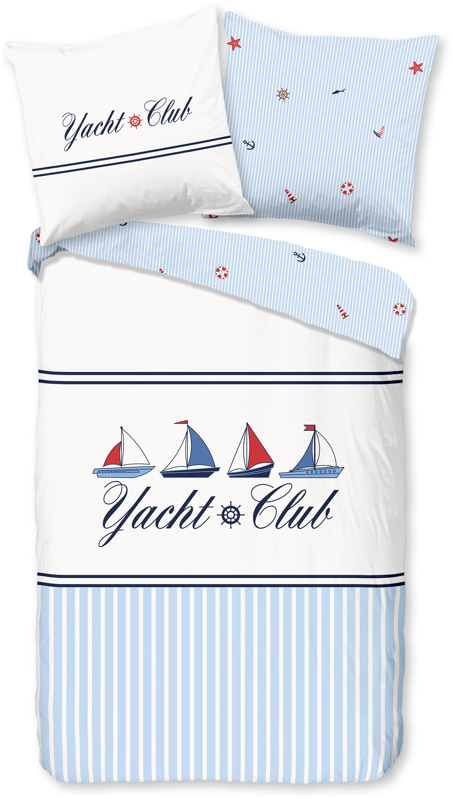 good morning Wendebettwäsche Yachtclub, Renforcé, 3 teilig, 100% Baumwolle, Renforcé, Reißverschluss, Wendeoptik, Maritim, Boot