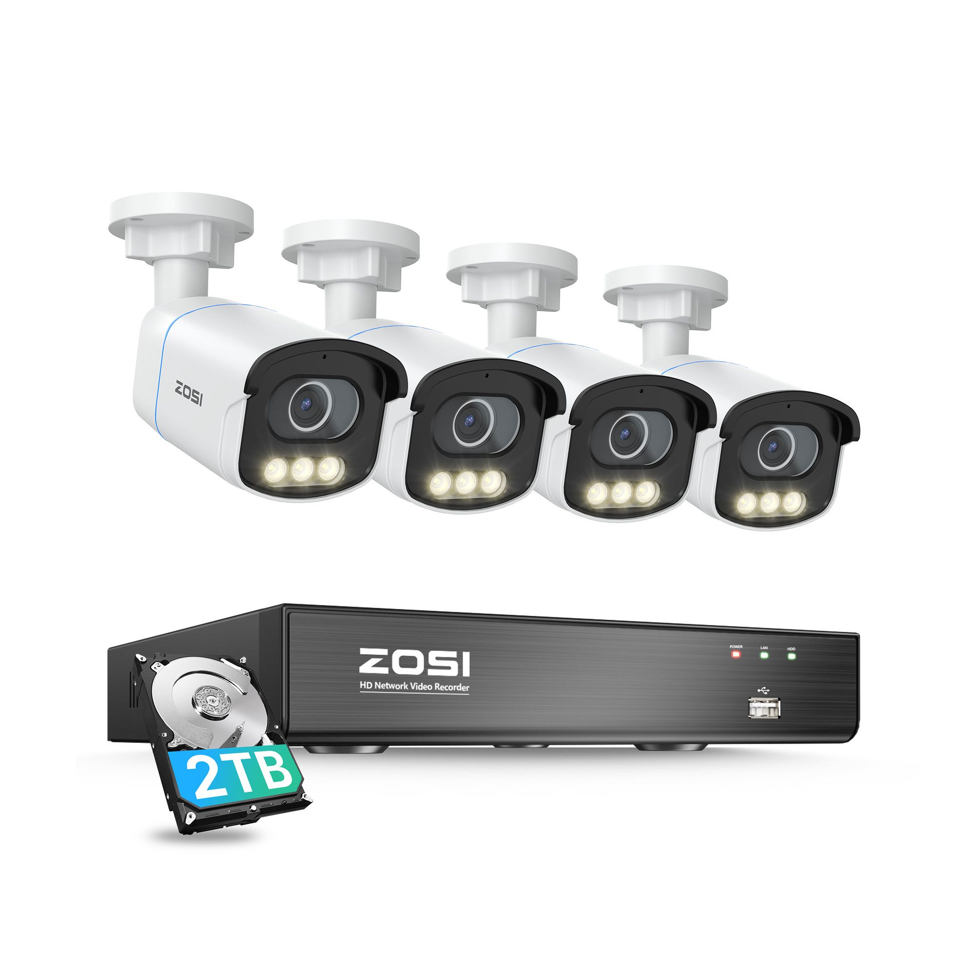 ZOSI C186A, IP66 wasserdicht, 2880*1620(5MP), Ununterbrochene 24/7-Aufnahme Überwachungskamera (Innenbereich, Außenbereich, 4-tlg., 3 Helligkeitsmodi, Lokale Erkennung, 4500K, 420LM)