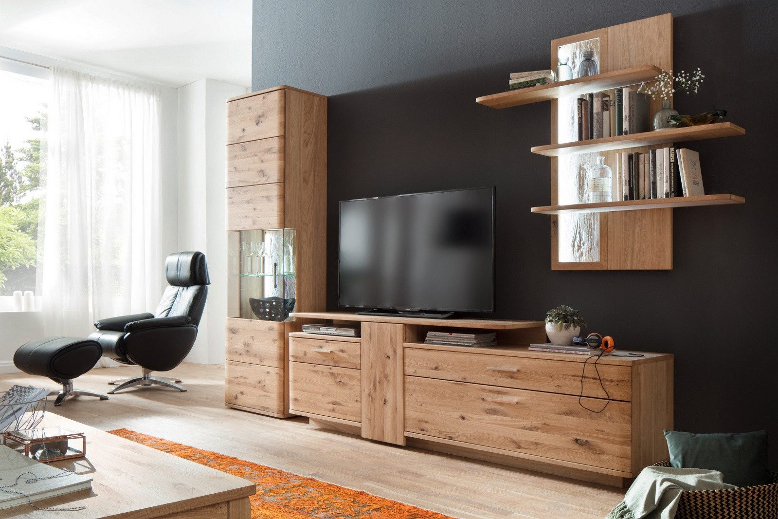 Empinio24 Wohnwand Santa Fe, (Spar-Set, Gesamtbreite der Wohnwand 320 cm), 3-teilig, Asteiche teilmassiv, Softclose-Funktion