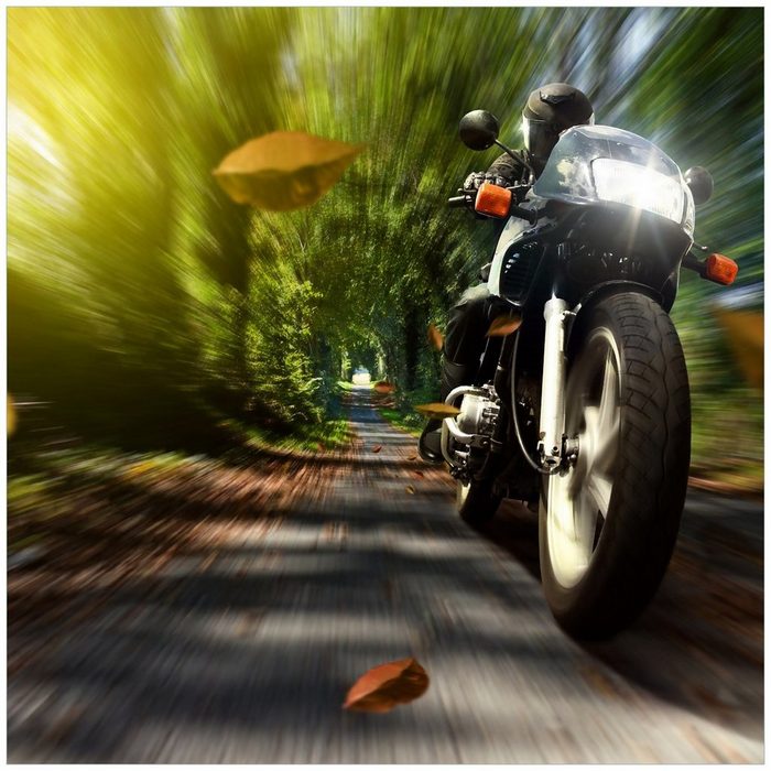 Wallario Möbelfolie Fahrendes Motorrad im Wald mit Herbstlaub