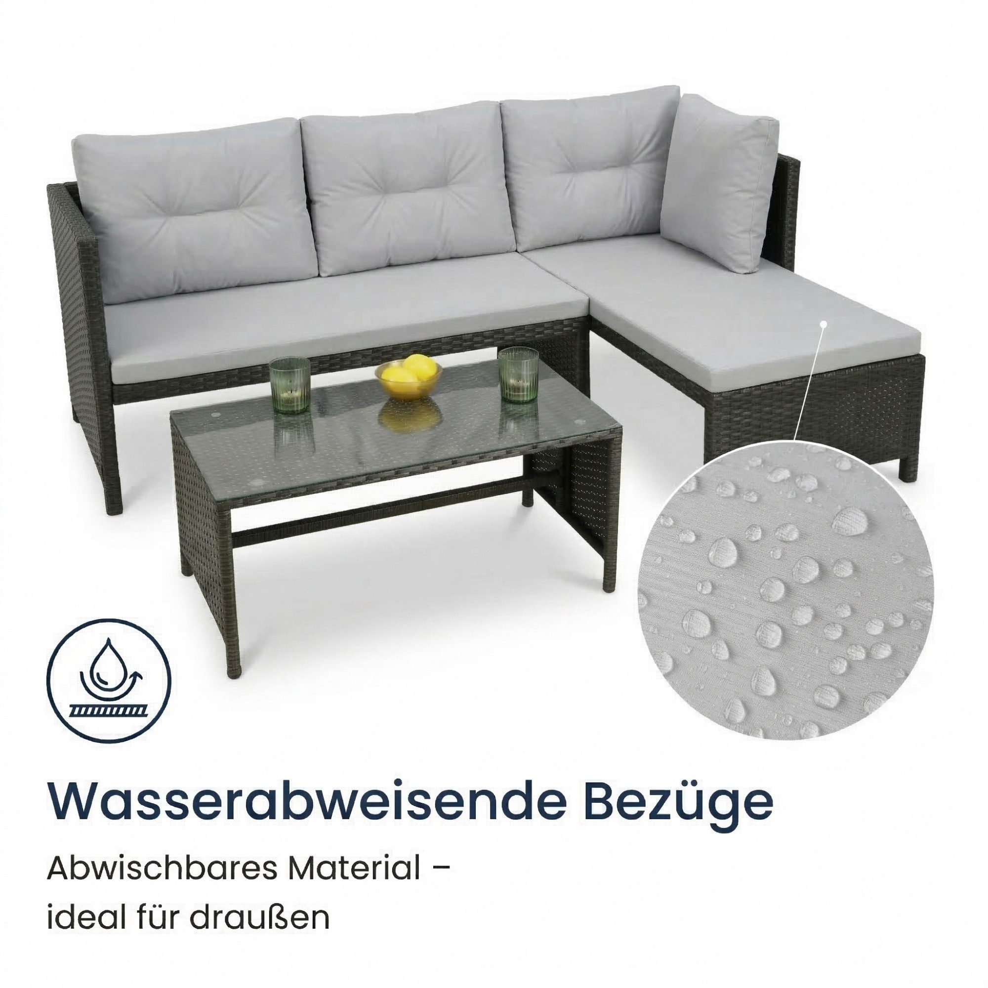 Home Collective Gartenlounge-Set Lounge Möbel Outdoor Sofa Gartenmöbel Outdoormöbel Polyrattan schwarz, 180x120x63,5 cm (BxTxH), mit Tisch, inkl. Polster & Kissen, Grau