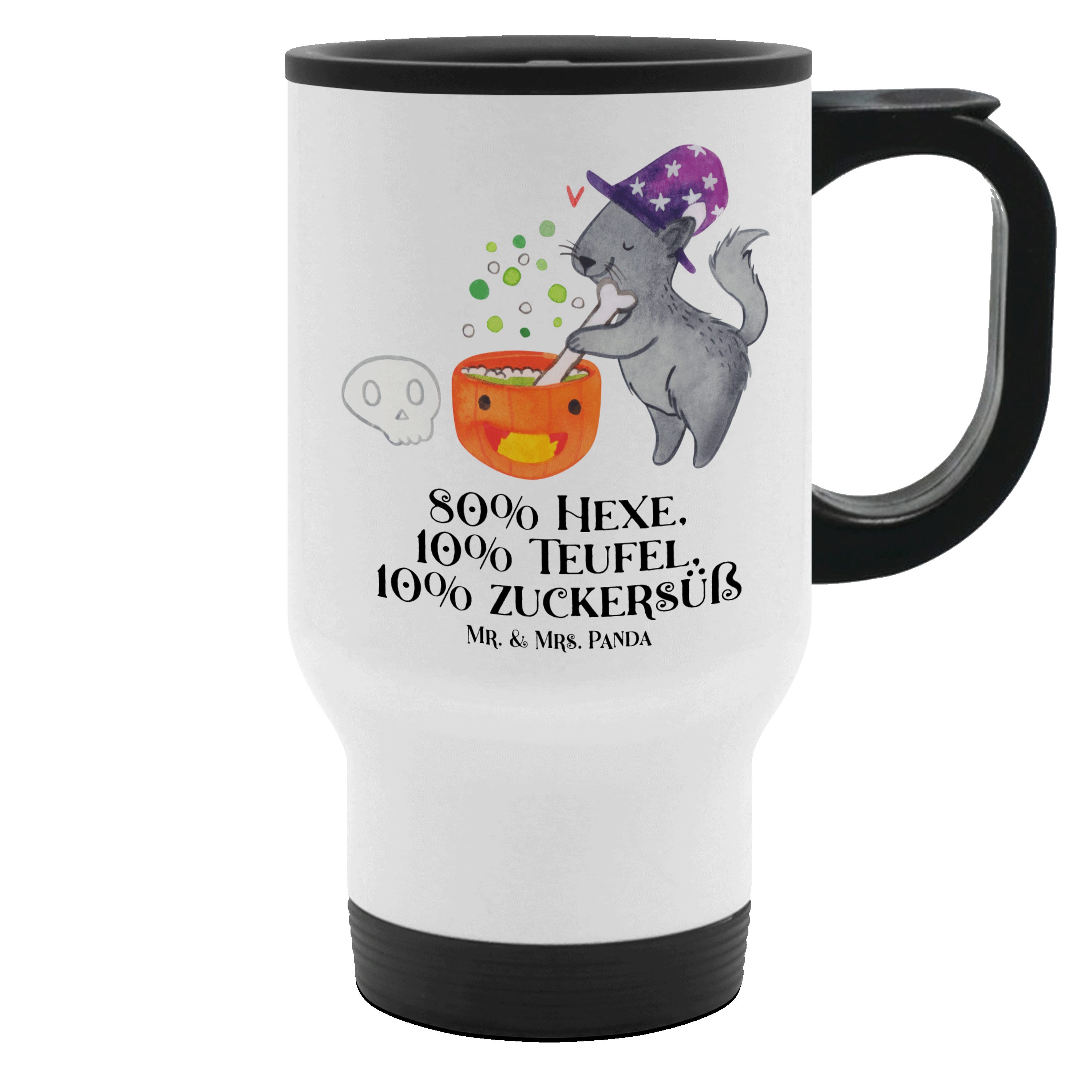 Mr. & Mrs. Panda Thermobecher Kater Hexenkessel, thermosbecher, Weiß, Kaffeebecher To Go, Dekoratio, 1-tlg., Edelstahl