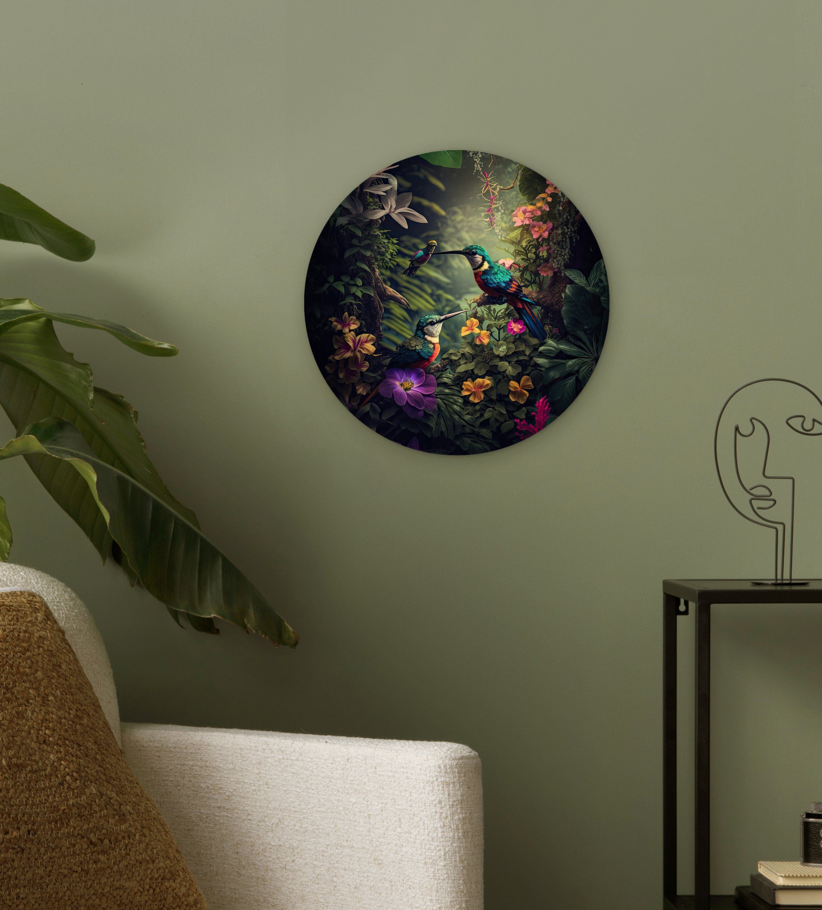 Kreis - - Wanddekoration Wandbild, Pflanzen, Forex, Rundes cm St), MuchoWow (1 Gemälde Vogel 30x30 Wohnzimmer, Dschungel - Blumen