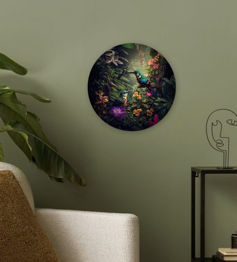 MuchoWow Gemälde Blumen - Vogel - Dschungel - Pflanzen, (1 St), Kreis Wanddekoration Forex, Rundes Wandbild, Wohnzimmer, 30x30 cm