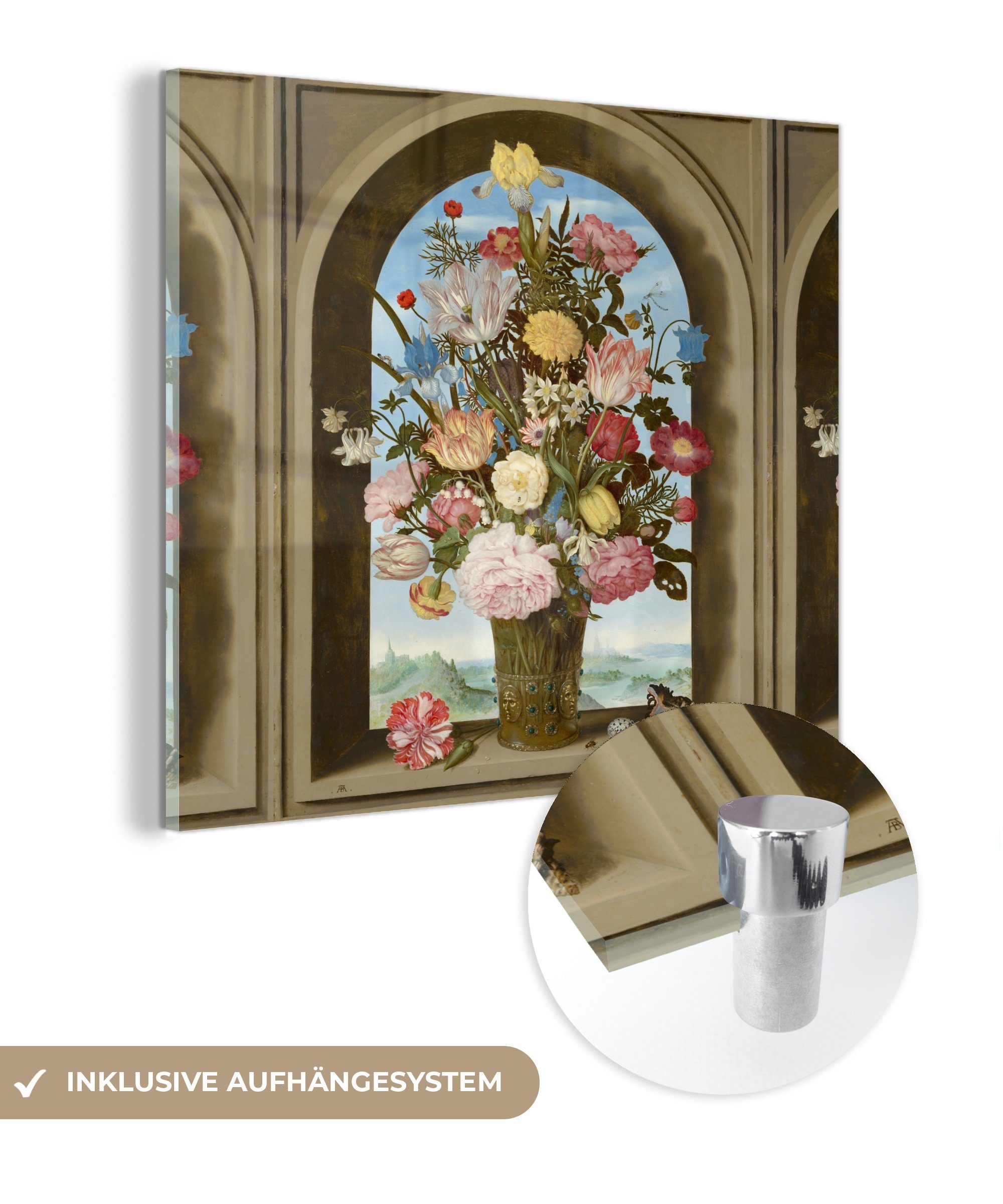 MuchoWow Acrylglasbild Vase mit Blumen in einem Fenster - Gemälde von Ambrosius Bosschaert, (1 St), Glasbilder - Bilder auf Glas Wandbild - Foto auf Glas - Wanddekoration