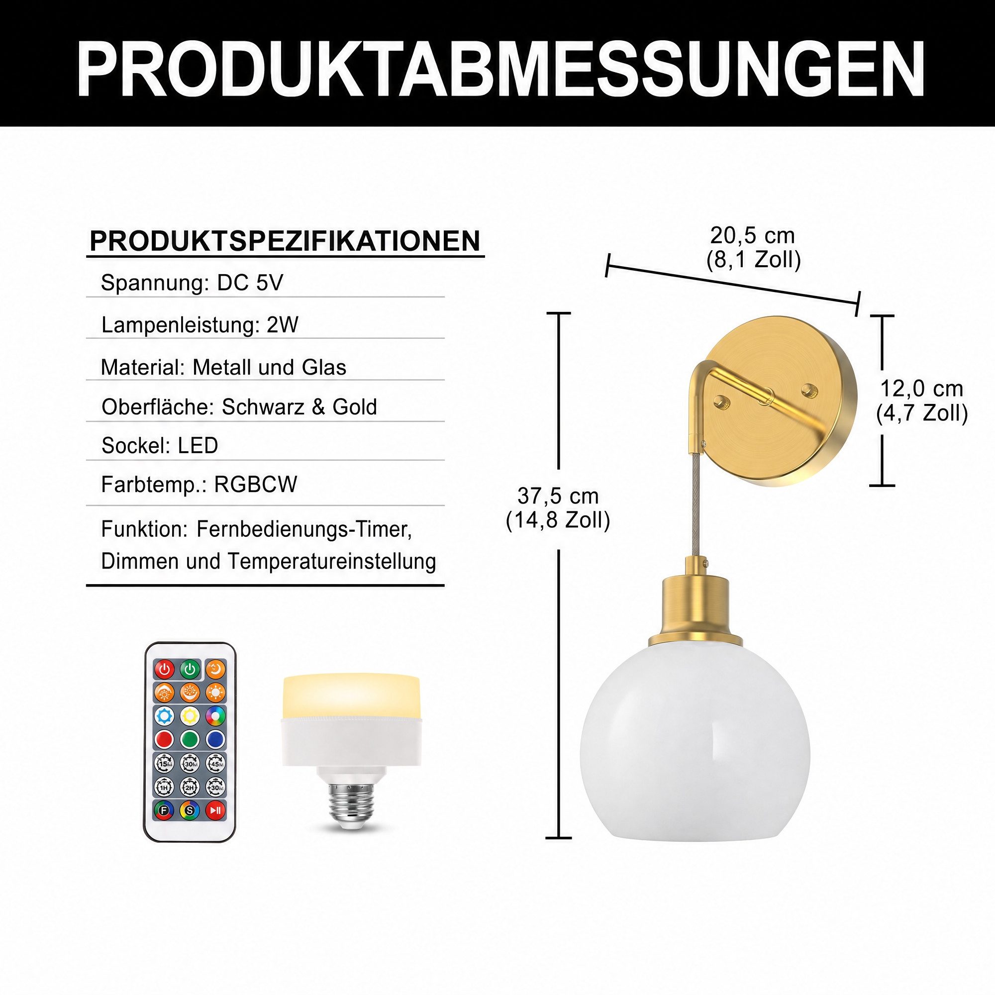 LOHAS-LED Wandleuchte 2er-Set kabellose Glas-Wandlampen mit RGBCW LED, RGBCW, Gold-Weiß, 37,5 cm Höhe, akkubetrieben E26