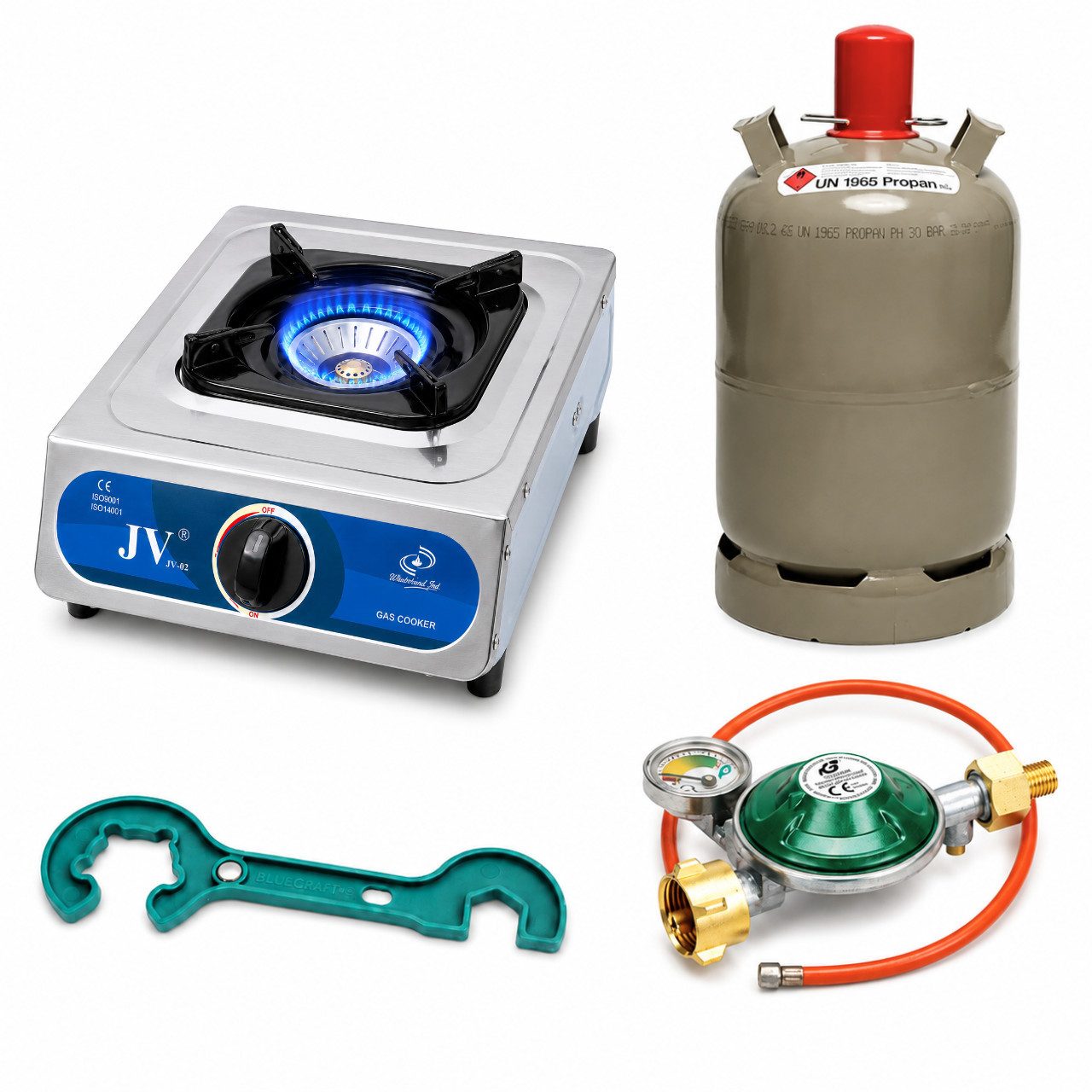 BlueCraft Gaskocher Edelstahl Campingkocher 1-flammig 5 kW mit Manometer & 11kg Gasflasche, (Gaskocher, Gasschlauch, Manometer, Schlüssel & 11 kg Gasflasche leer), Mit praktischer Piezozündung