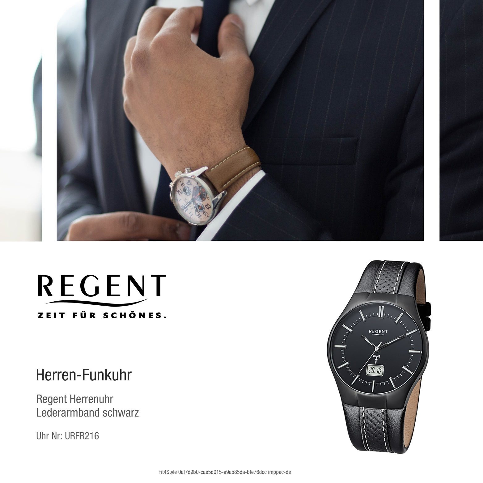Regent Funkuhr Regent Gehäuse, (ca. Uhr mit Leder 39mm), Lederarmband, Funkuhr, rundes Herrenuhr Elegant-Style Herren FR-216