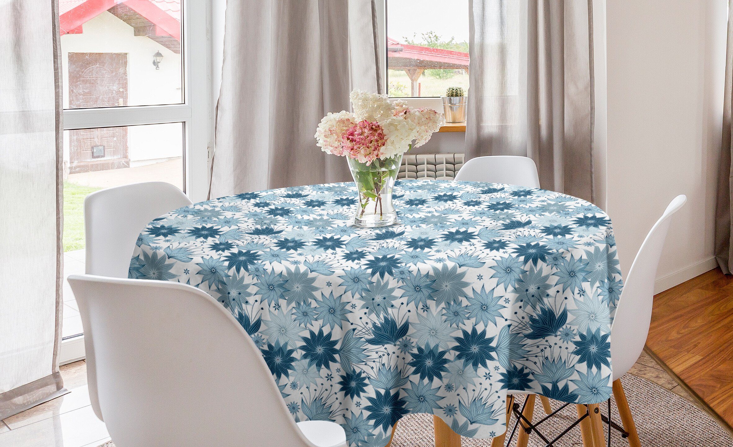 Abakuhaus Tischdecke Kreis Tischdecke Abdeckung Blau-blühende Blumen für Esszimmer Dekoration, Küche Botanisch