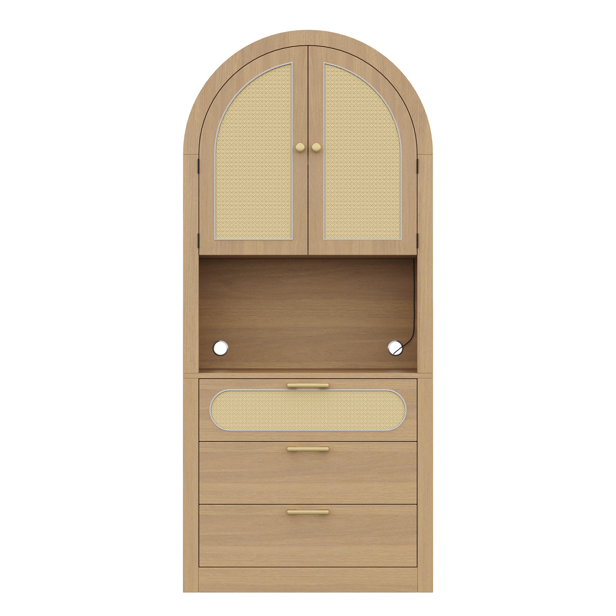 Flieks Hochschrank Küchenbuffet mit LED-Beleuchtung, Rattantüren und 3 Schubladen (Schrank im Landhausstil für Wohnzimmer, Esszimmer, Schlafzimmer, 1-St., 80x35x180 cm) gewölbter Mehrzweckschrank Multifunktionsschrank Vitrine Eichenfarbe