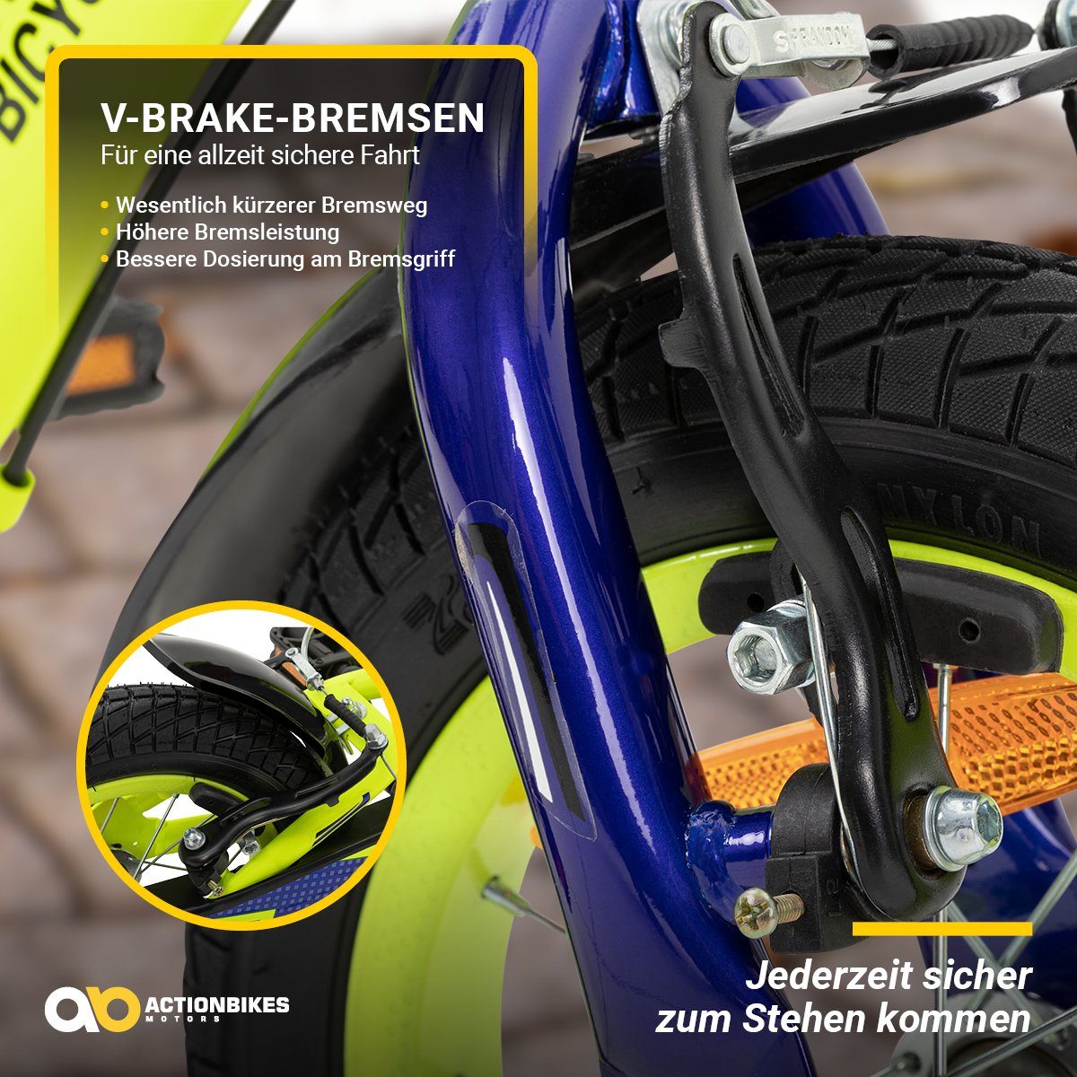 Actionbikes Motors Kinderfahrrad Kinder Fahrrad Turbo mit Stützräder, 1 Gang, ohne Schaltung, (16 Zoll, ab 105 cm Körpergröße, max. Zuladung 40 kg, Reflektoren, Stützräder, Klingel, Antirutschgriffe, Lenkerschutz, Kettenschutz, V-Brake-Bremse, Luftbereifung, Schutzbleche, gelb / blau), höhenverstellbares Bike Jungen Mädchen Kinderrad ab 4 Jahre