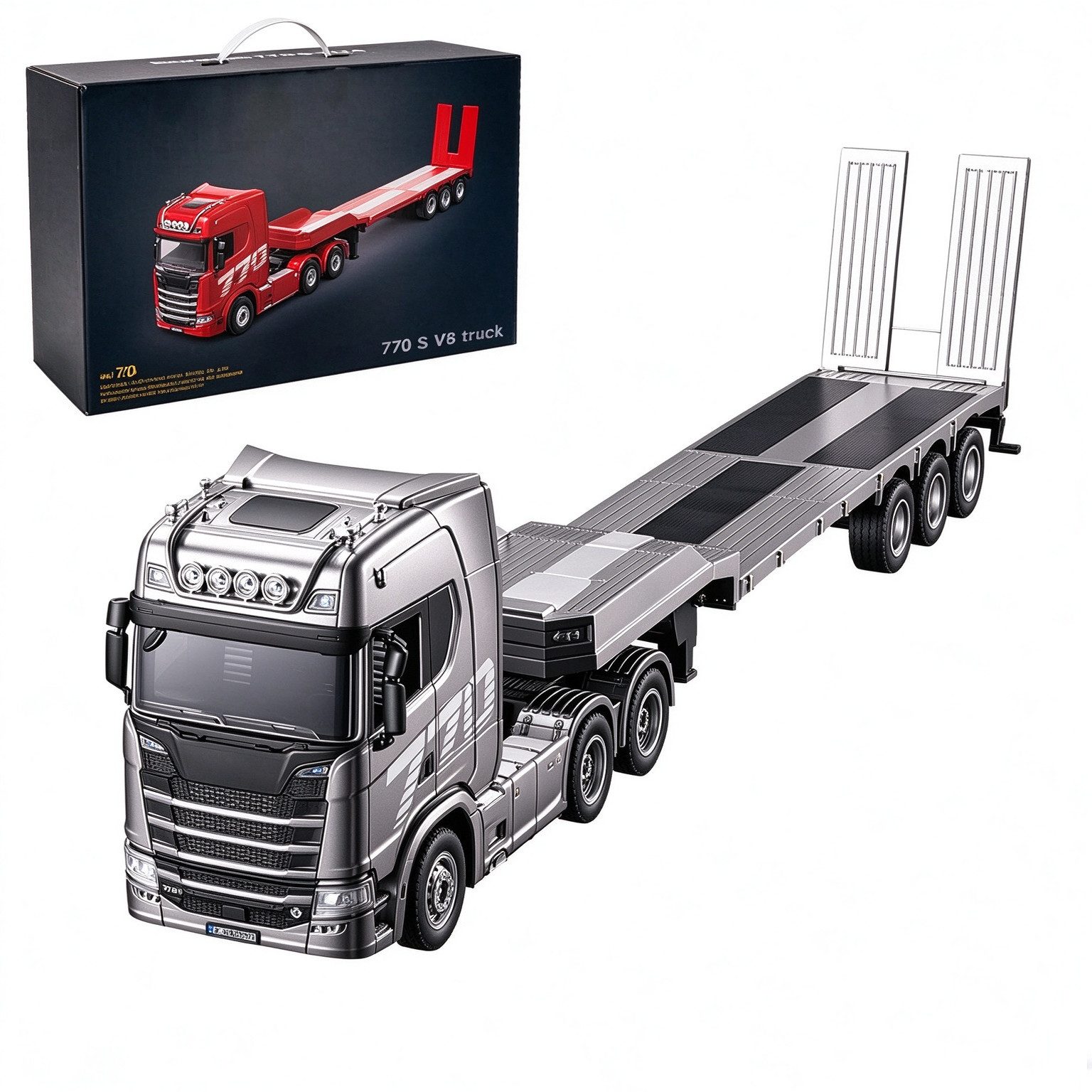 Esun RC-LKW Ferngesteuerter Lastzug, RC LKW mit Lowboy-Anhänger, 1:18, 2,4 GHz (Set, Komplettset), 19 Kanal, LED Licht, Allradantrieb, Fernbedienung