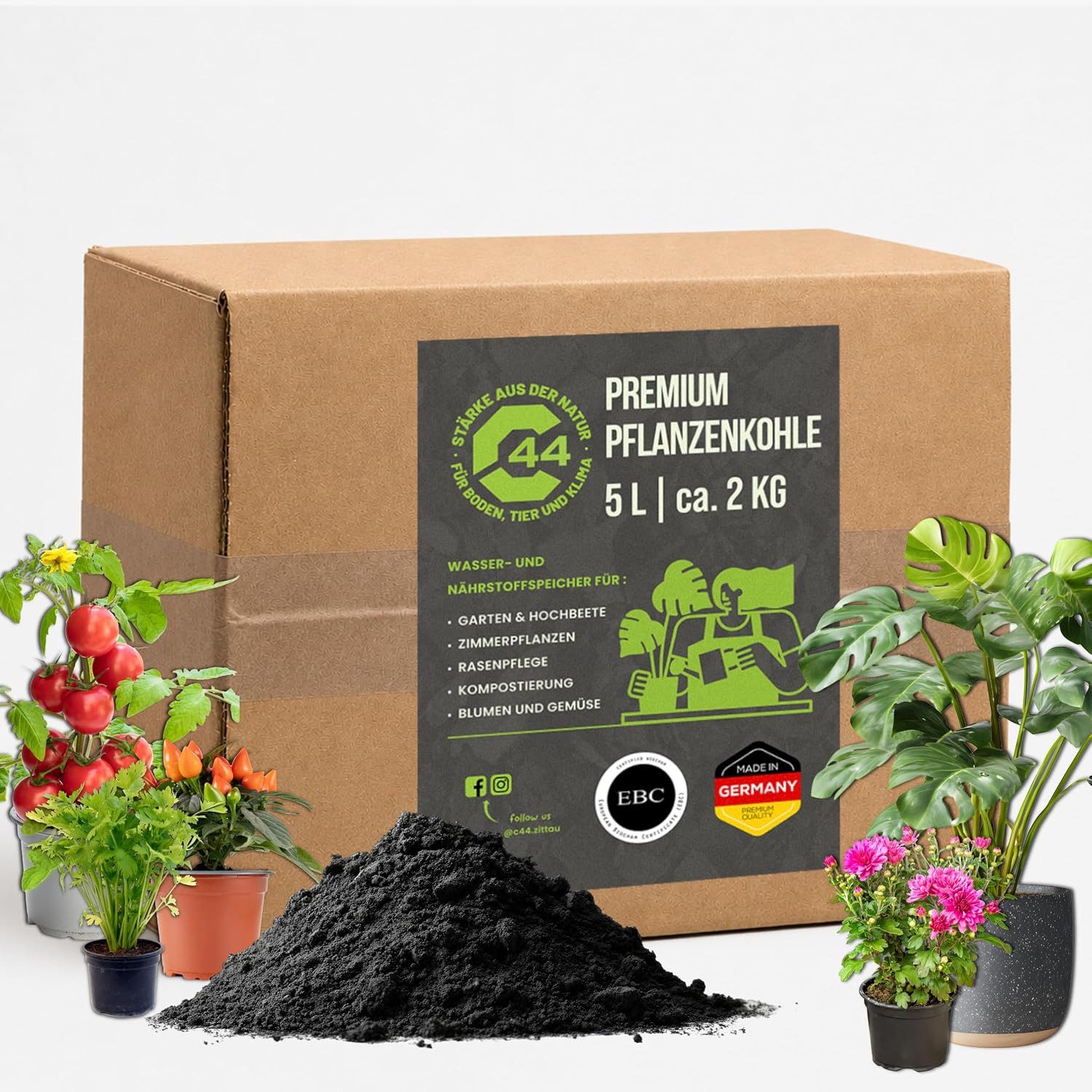C44-Zittau Bodenverbesserer Premium Pflanzenkohle für Hochbeet Gemüsebeet & Rasen - Bodenaktivator, 1-St., Biokohle 5L EBC-zertifiziert für Garten & Pflanzen - 92,4% Kohlenstoff
