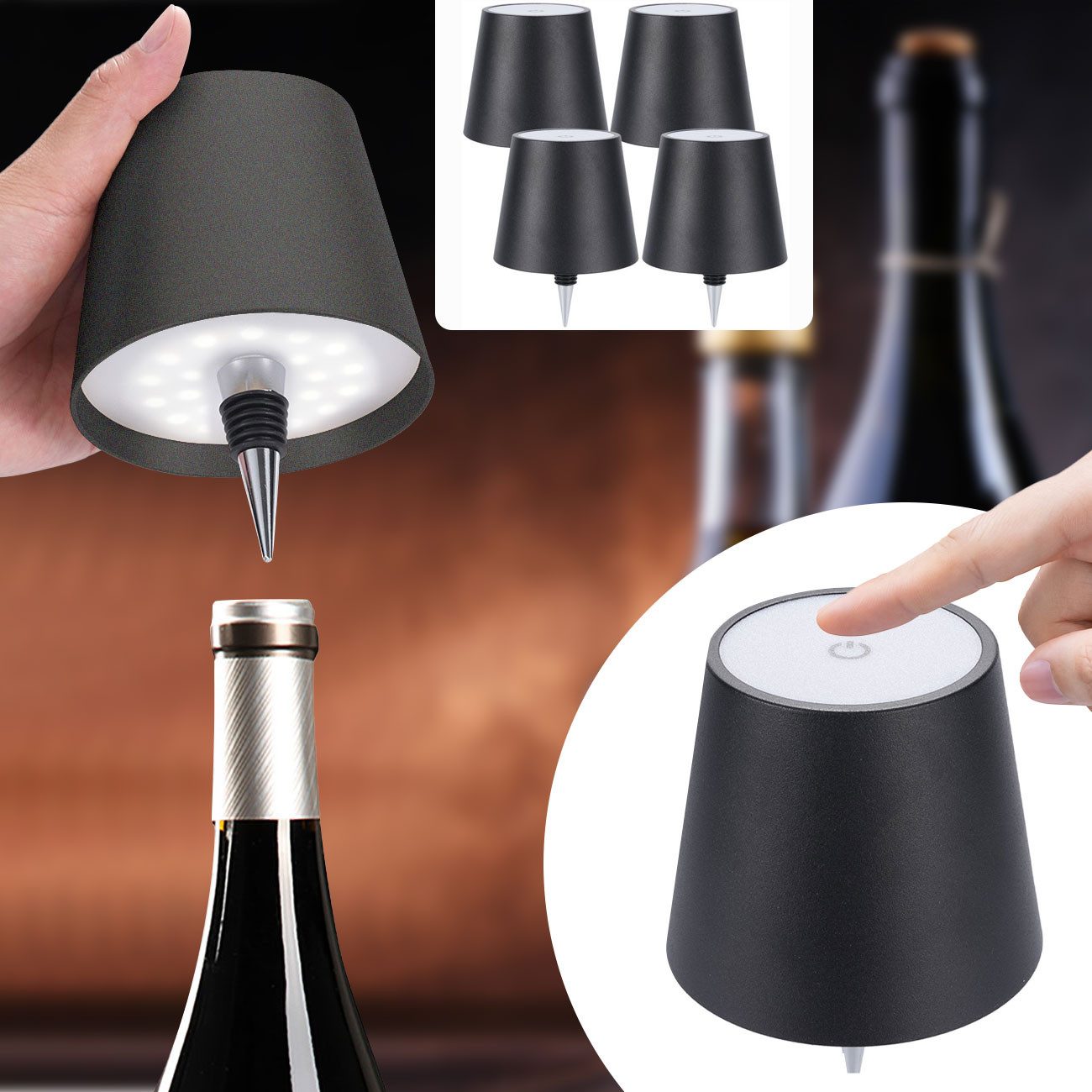 shop'n smile ideoon LED Nachttischlampe Edle Akku Flaschenlampe Schwarz: Dimmbar, 3 Lichtfarben, LEDs mit 3 auswählbaren Lichtfarben, Kaltweiss / Warmweiss / Naturweiss, Verwandelt Flaschen in stimmungsvolle Leuchten