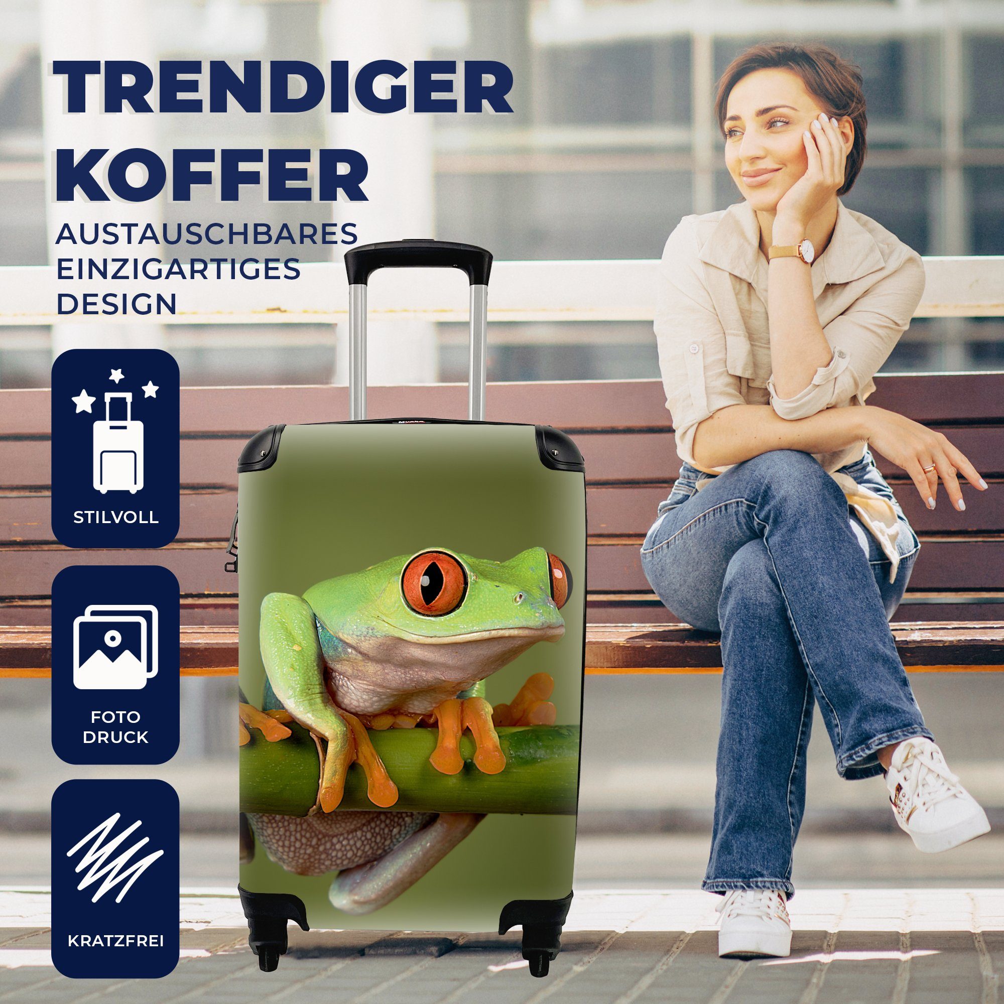 Trolley, Reisetasche Ferien, rollen, - Handgepäck Frosch 4 für Reisekoffer MuchoWow Handgepäckkoffer mit Zweig, Rollen, Grün -