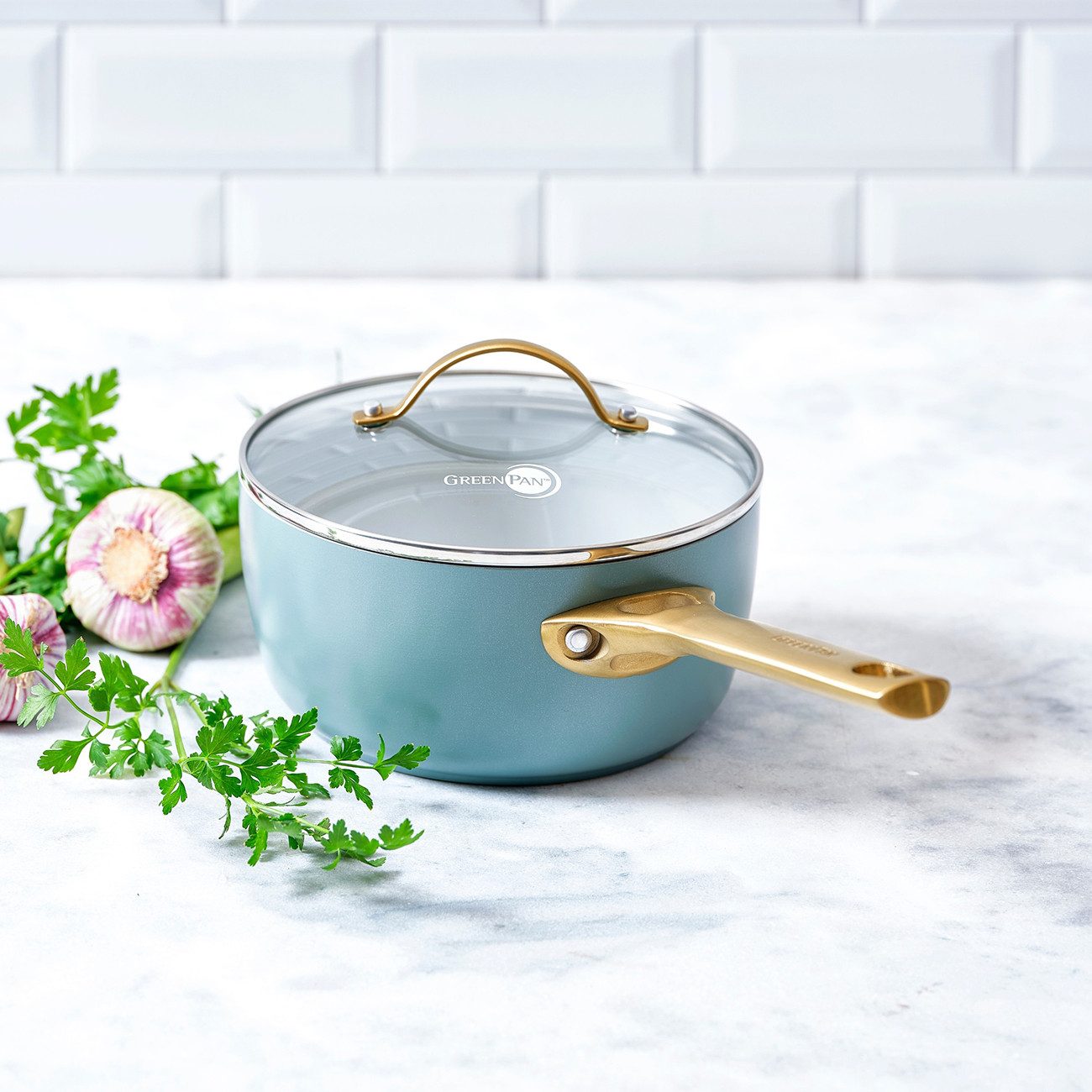 GREENPAN Kasserolle Padova Reserve Stielkasserolle hellblau 18 cm Ofenfest Antihaft, Aluminium, Stielkasserolle 18 cm, Stillvoll & langlebig