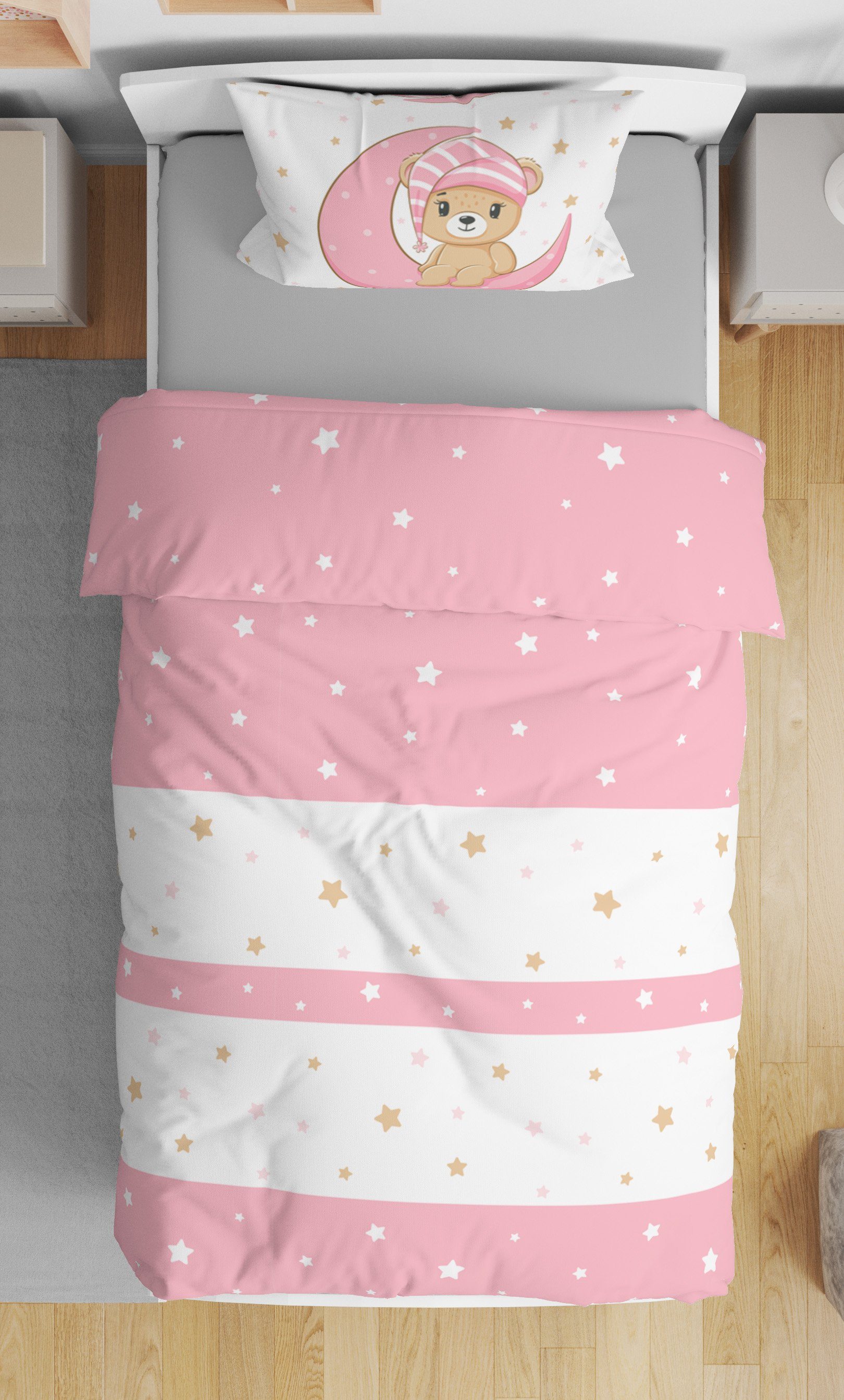 One Home Babybettwäsche Teddy Bären, Mikrofaser, 2 teilig, Mond und Sterne für Mädchen, Kinder und Babybetten geeignet