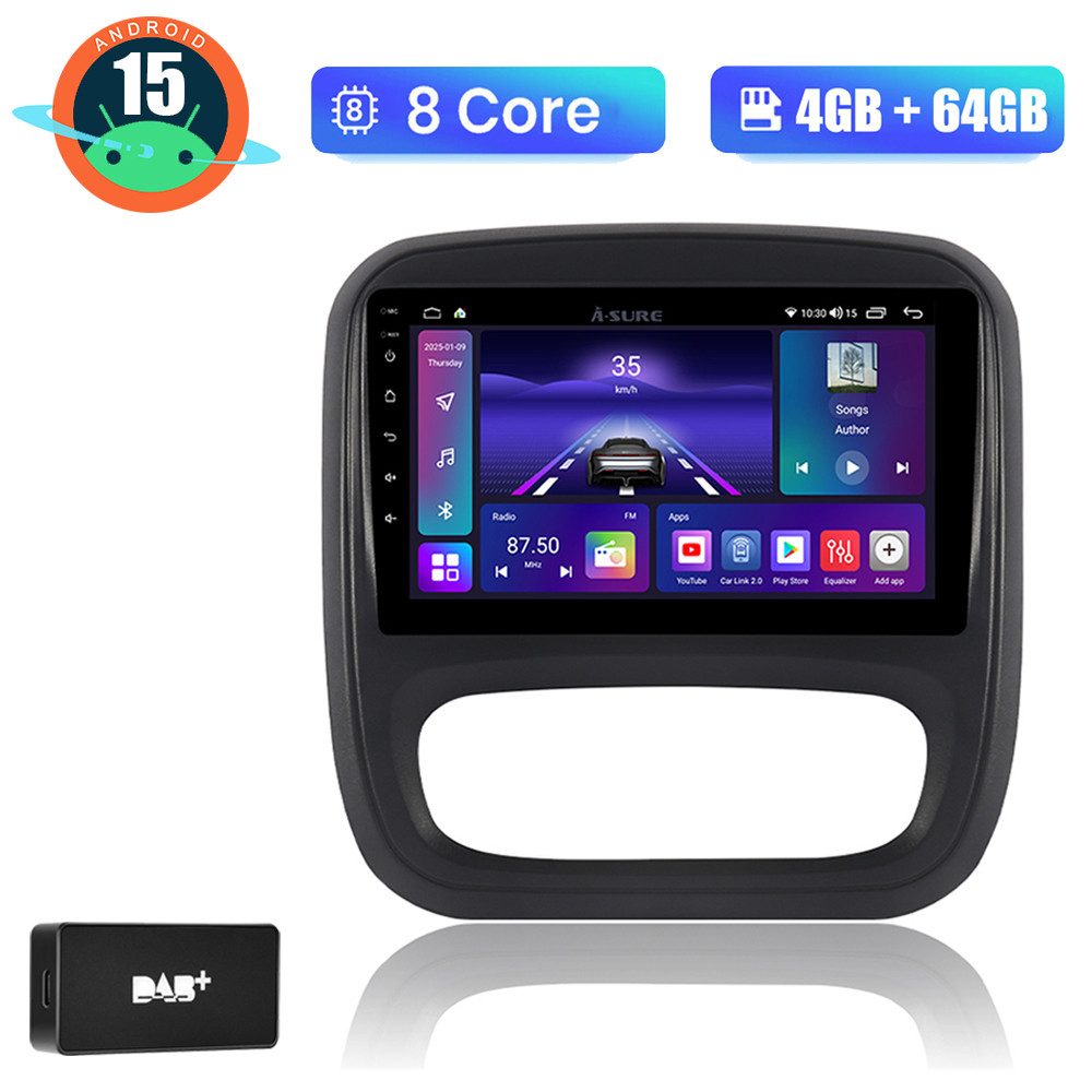 A-Sure CarPlay GPS Für Opel Vivaro B 2014–2019/Nissan NV300/Renault Trafic Autoradio (Digitalradio (DAB), FM, Carplay Android Auto Bluetooth EQ USB GPS Navi WIFI Touchscreen)