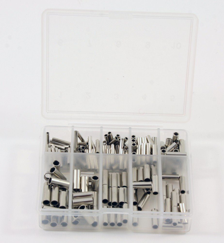 Behr Angelschnur Behr Klemmhülsen Sortimentsbox 210 Stück, Sortiert in den Größen 3mm, 2,8mm, 2,5mm, 2mm, 1,8mm, 1,5mm und 1mm