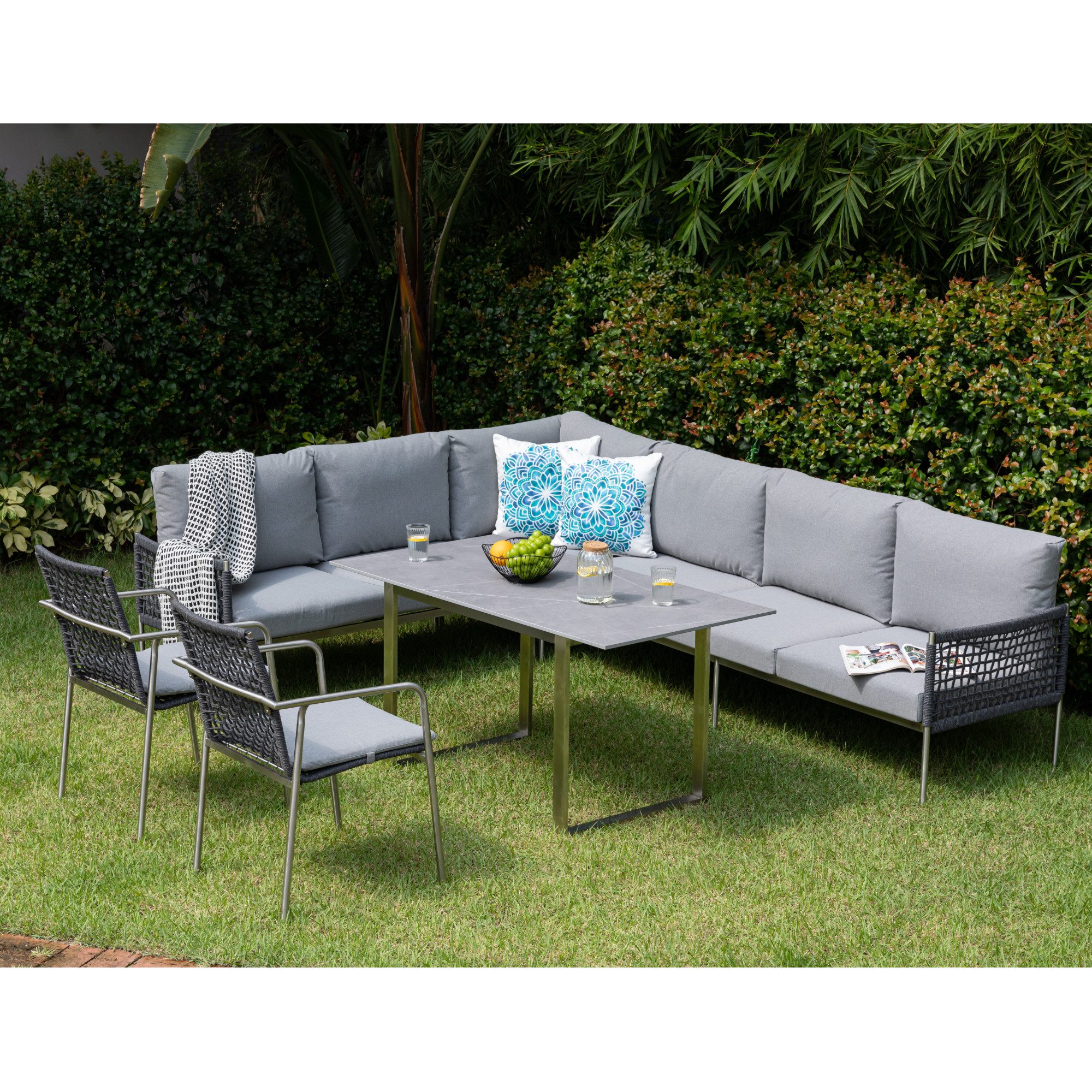 MANDALIKA Garden Gartenlounge-Set Edelstahl / Rope Dining Eck Lounge Set Vogue inkl Sessel