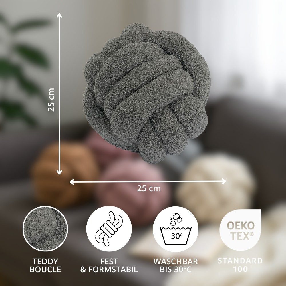 REALLaxx Dekokissen Knotenkissen, runder Knotenball, 25cm, Zierkissen mit modernem Teddy-Bezug