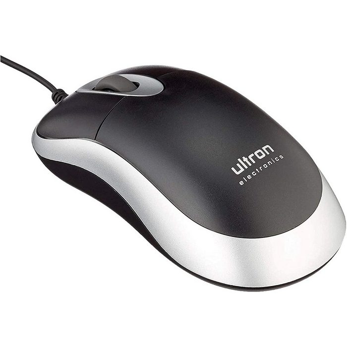 Ultron UM-100 Maus (Maus mit Kabel Basic Optical Mouse Scrollrad USB Anschluss 800 DPI PC-Maus schwarz/silber)