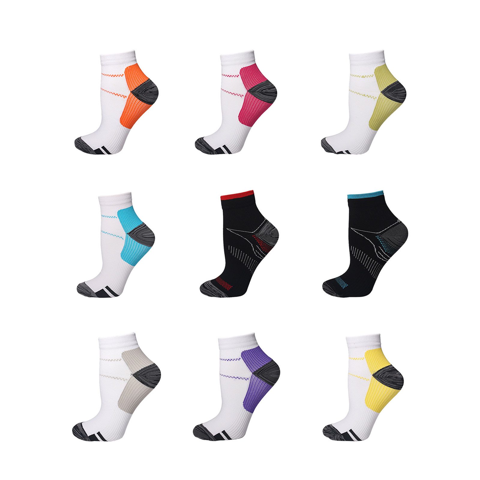 OKWISH Kurzsocken 9 Paare Kompressionssocken Wandersocken Laufsocken Compression Socks (Frauen und Männer gepolsterte Sohle für Knöchelschutz, 9-Paar, Kompressionsstrümpfe Laufstrümpfe Kompression Socken Stützstrümpfe) Damen Herren für Flug Sport Reisen R