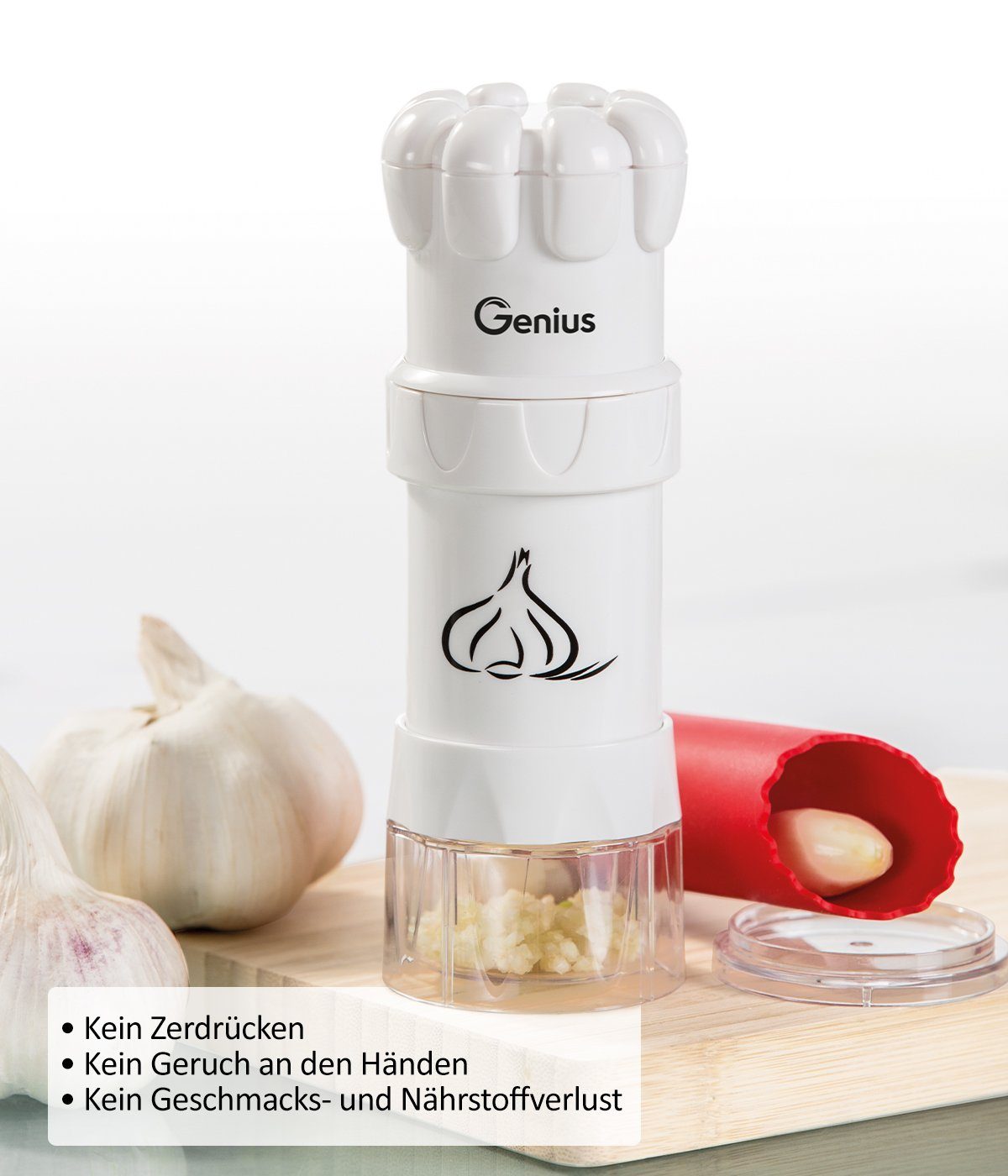 Genius Knoblauchschneider Knoblauchpresse G5 3-tlg, Knoblauchschneider Garlic Press, pikante kleine Würfel - sauber und dekorativ