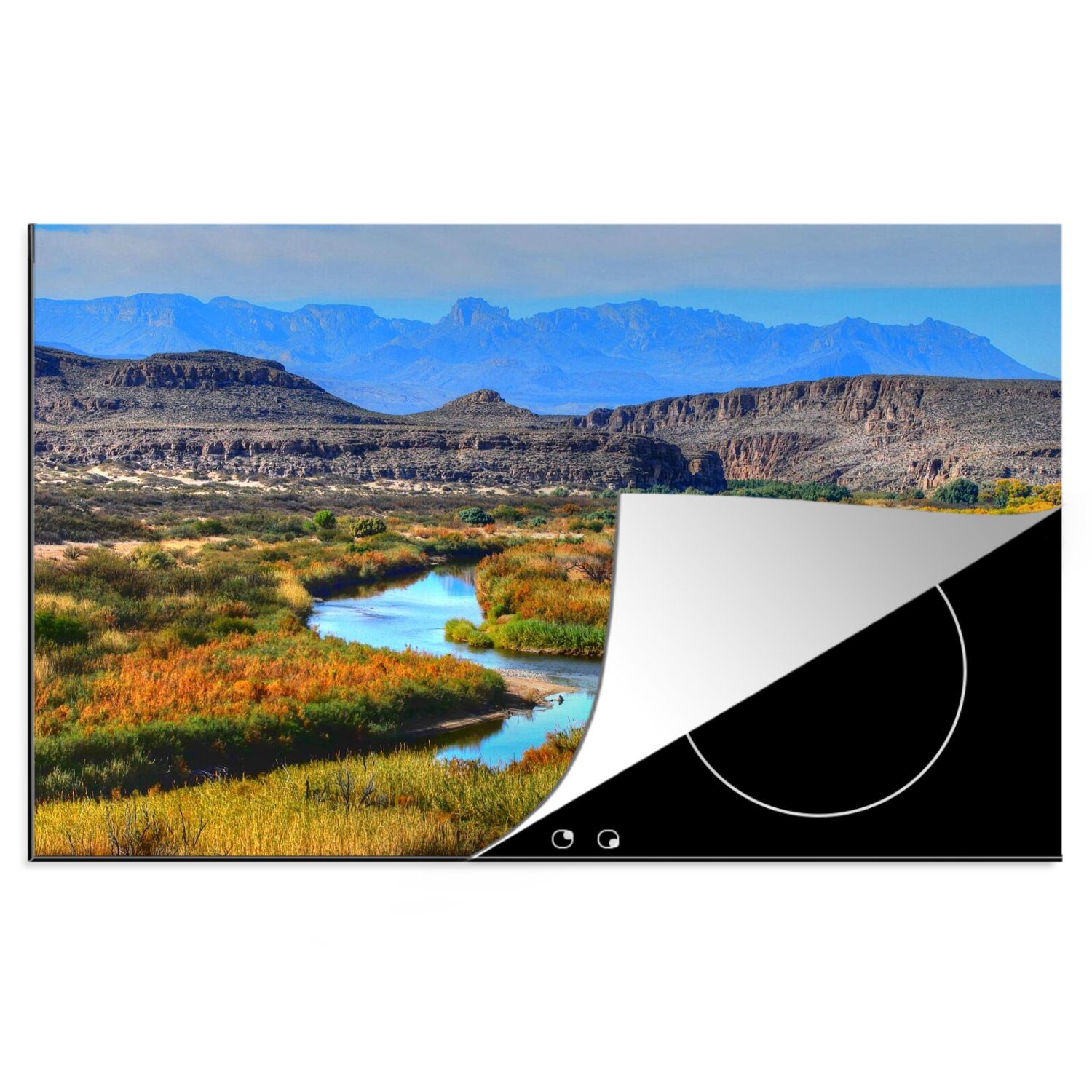 MuchoWow Herdblende-/Abdeckplatte Ein Fluss und die hügelige Landschaft des Big Bend National Park, Vinyl, (1 tlg), 81x52 cm, Induktionskochfeld Schutz für die küche, Ceranfeldabdeckung