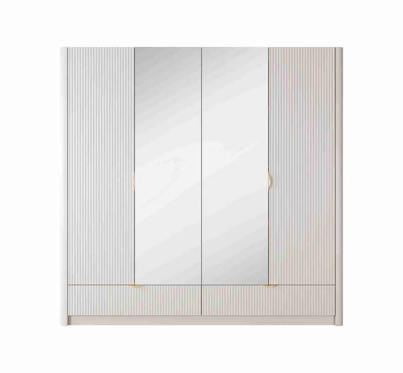 Furnix Kleiderschrank Katine Schrank viertürig mit Spiegel goldene Griffe Beige 208,4x213x54,6 cm, 5 große Ablagefächer, Kleiderstange, 2 Schubladen