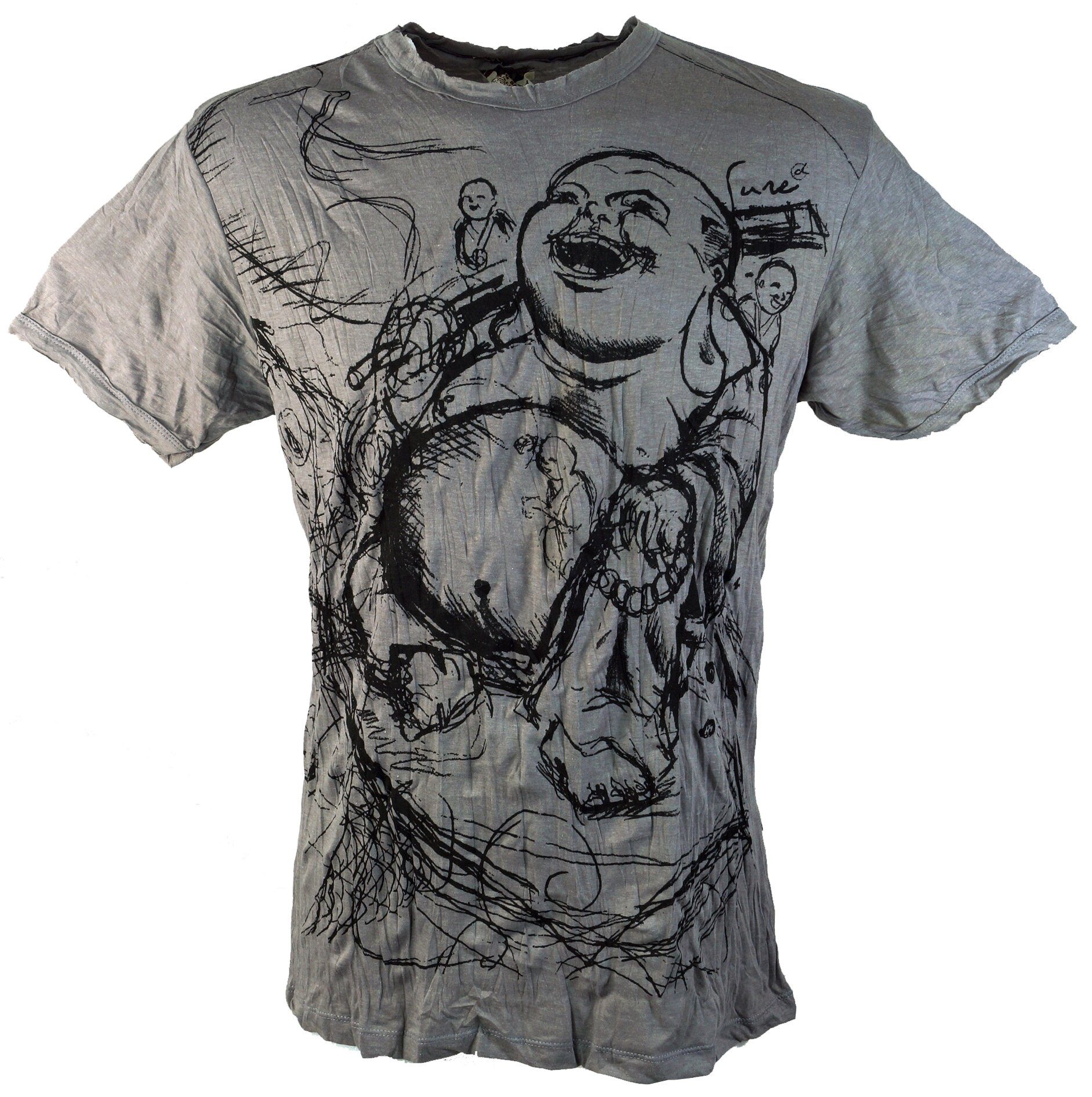 Guru-Shop T-Shirt Sure T-Shirt Happy Buddha - grau Goa Style, Festival, alternative Bekleidung