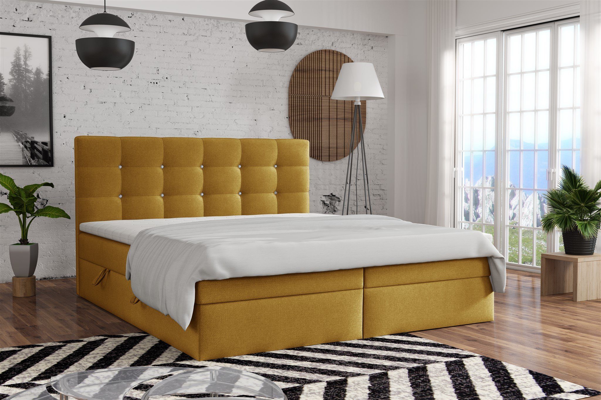 Fun Möbel Boxbett Schlafzimmerbett BASILIO in Stoff Fresh (Kopfteil mit Swarovski-Steinen, inkl. Topper und Bettkästen)