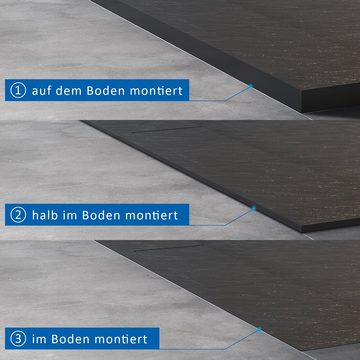 SONNI Duschwanne Duschtasse, mit Siphon, walk in dusche, Weiß / Schwarz, Schieferoptik, SMC,Antirutsch,Flach, inkl. ABlaufgarnitur Siphon.