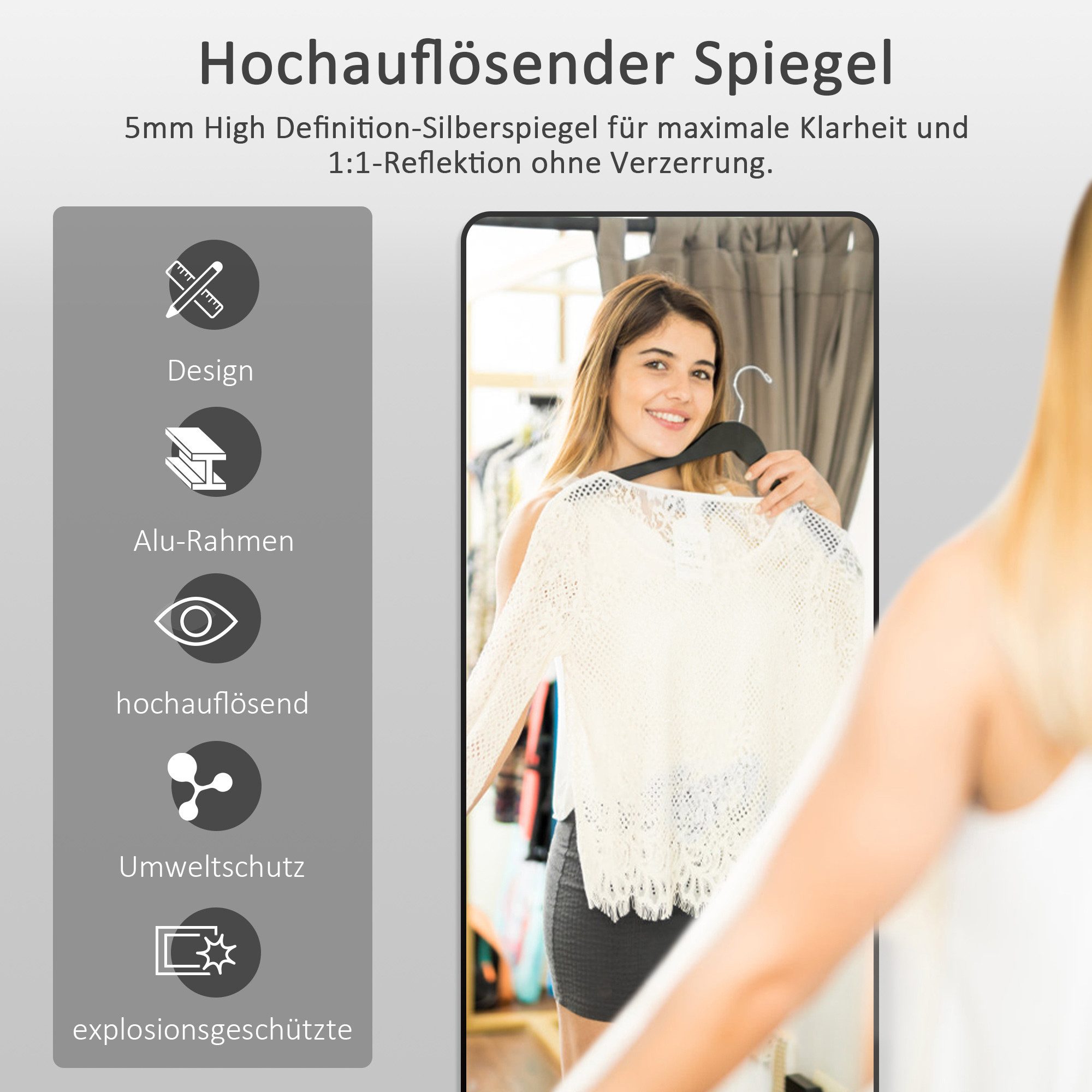 Boromal Spiegel Flur Ganzkörper 180x80 150x50 Wandspiegel groß Flurspiegel Schwarz (Ganzkörperspiegel, 5mm HD Umweltschutz Spiegel, mit Aluminiumrahmen), Rechteckig, explosionsgeschützt