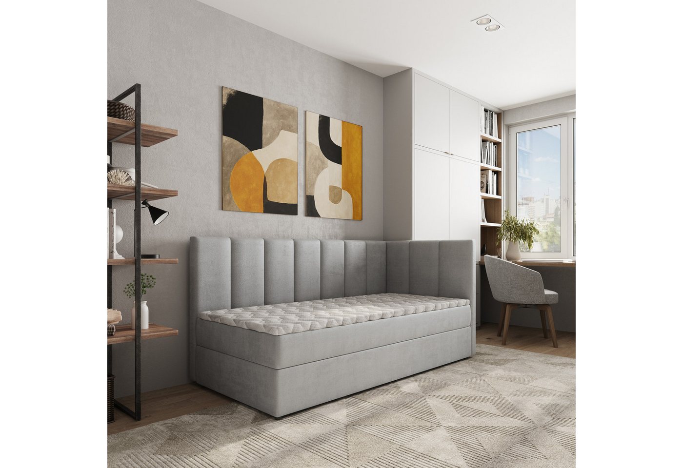 Masseno Boxbett BEVE 100x200 cm mit Bonell Matratze und Topper, Einzelbett, Jugendbett, Polsterbett mit Kopfteil, Boxspringbett