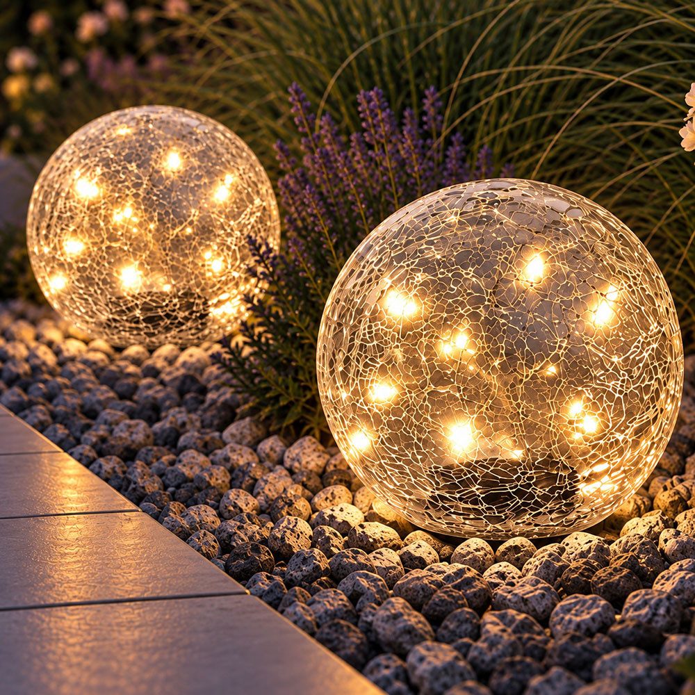 etc-shop LED Solarleuchte, LED-Leuchtmittel fest verbaut, Warmweiß, 2x LED Solarlampe Steckleuchte Glas Kugel Crackle Garten D 15 cm