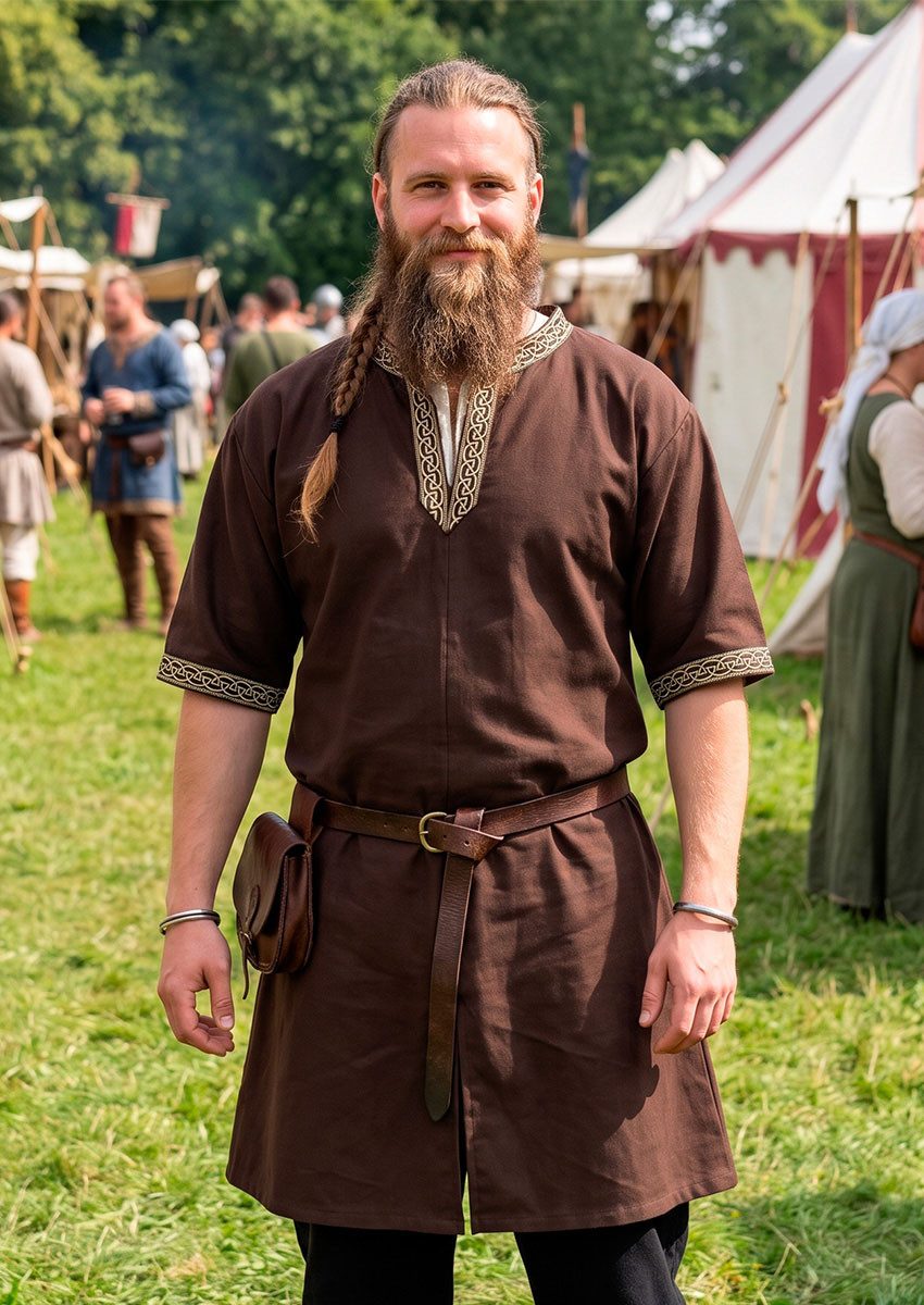 Vehi Mercatus Wikinger-Kostüm Klassische Wikinger Tunika braun "Arvid" mit Knotenmuster, kurzarm