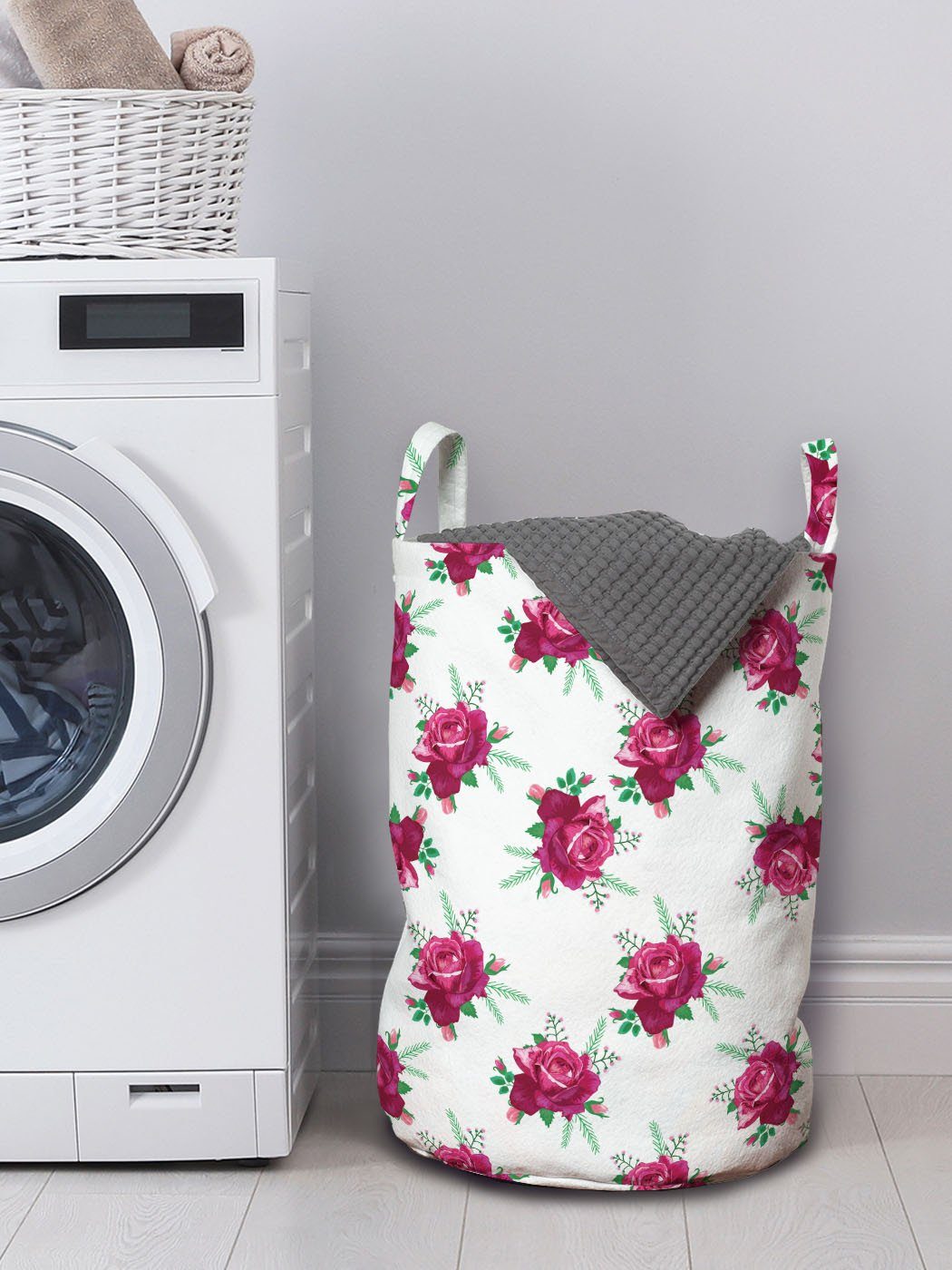 Abakuhaus Wäschesäckchen Wäschekorb Rose mit Knospen Romantisch Blooming Waschsalons, Griffen und Kordelzugverschluss für