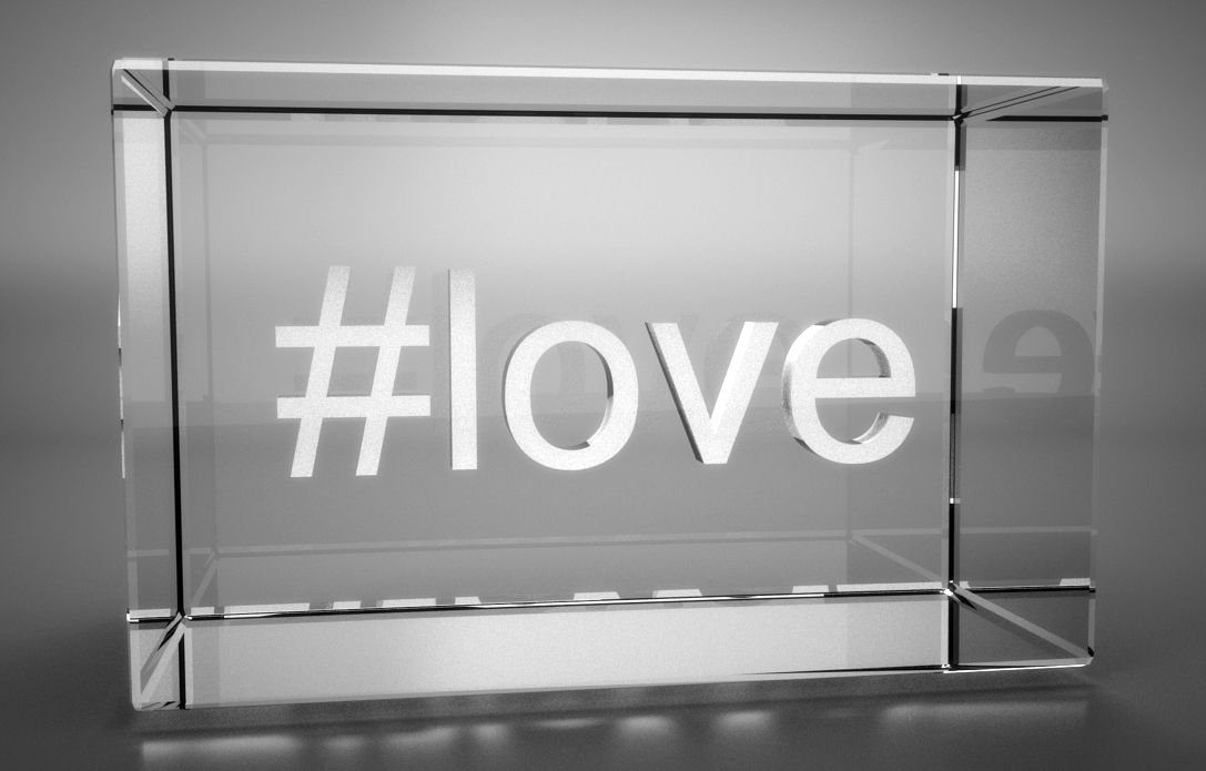 VIP-LASER Dekofigur 3D Glasquader Motiv Hashtag #love, Hochwertige Geschenkbox, Made in Germany, Familienbetrieb