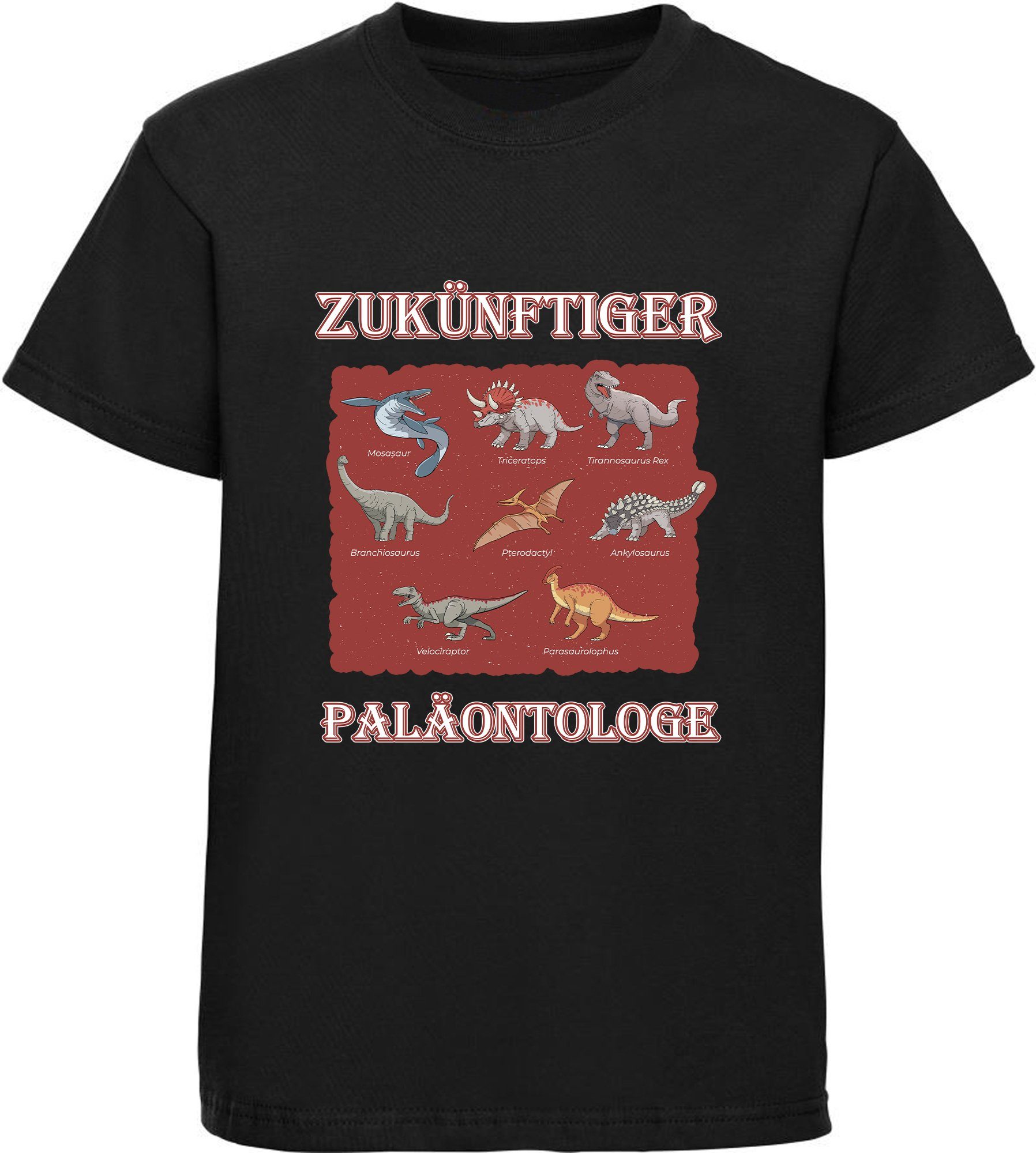MyDesign24 T-Shirt bedrucktes mit Baumwolle Kinder mit Dinosauriern T-Shirt Aufdruck, 100% vielen i50 Dino schwarz Paläontologe